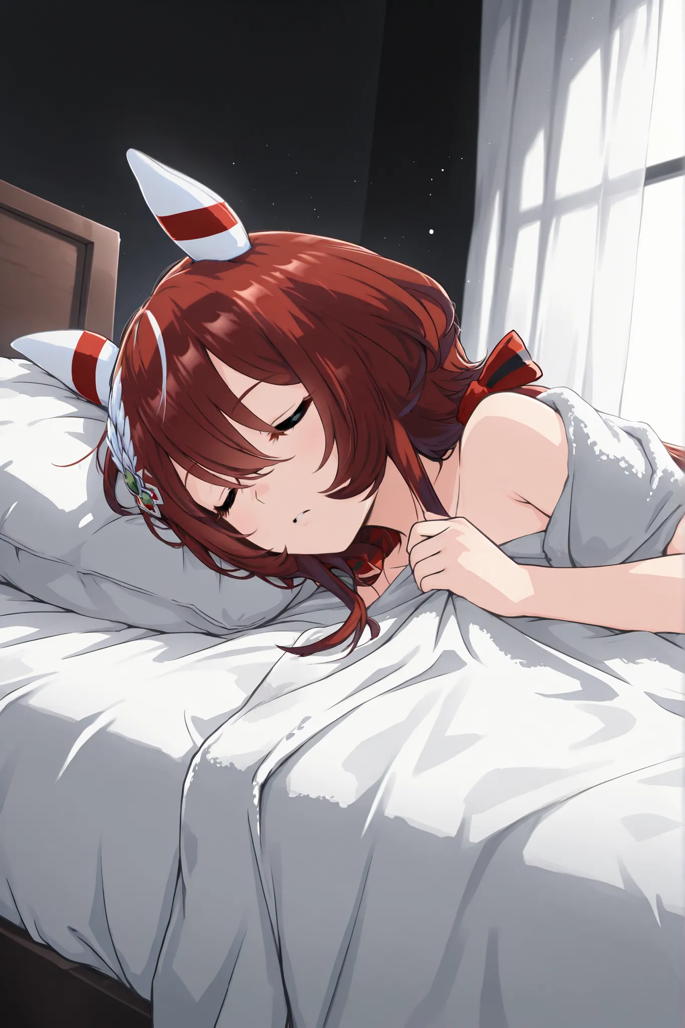 masterpiece,Uma Musume,Win Barriersion,blackish red hair,Fallen Angel,sleeping,naked,Put on a black towel blanket,thin towel blanket,on the bed,black bed curtains