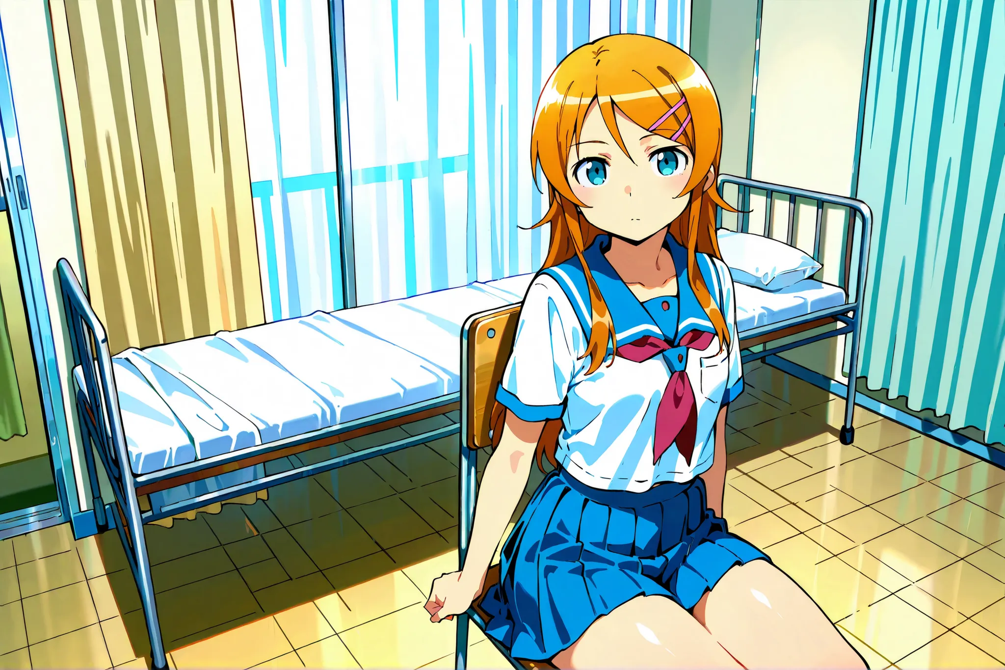 Expressionless kousaka kirino, serafuku, blue pleated skirt,short sleeves, red neckerchief,black socks, infirmary,sitting on chair,thick thighs,looking at viewer