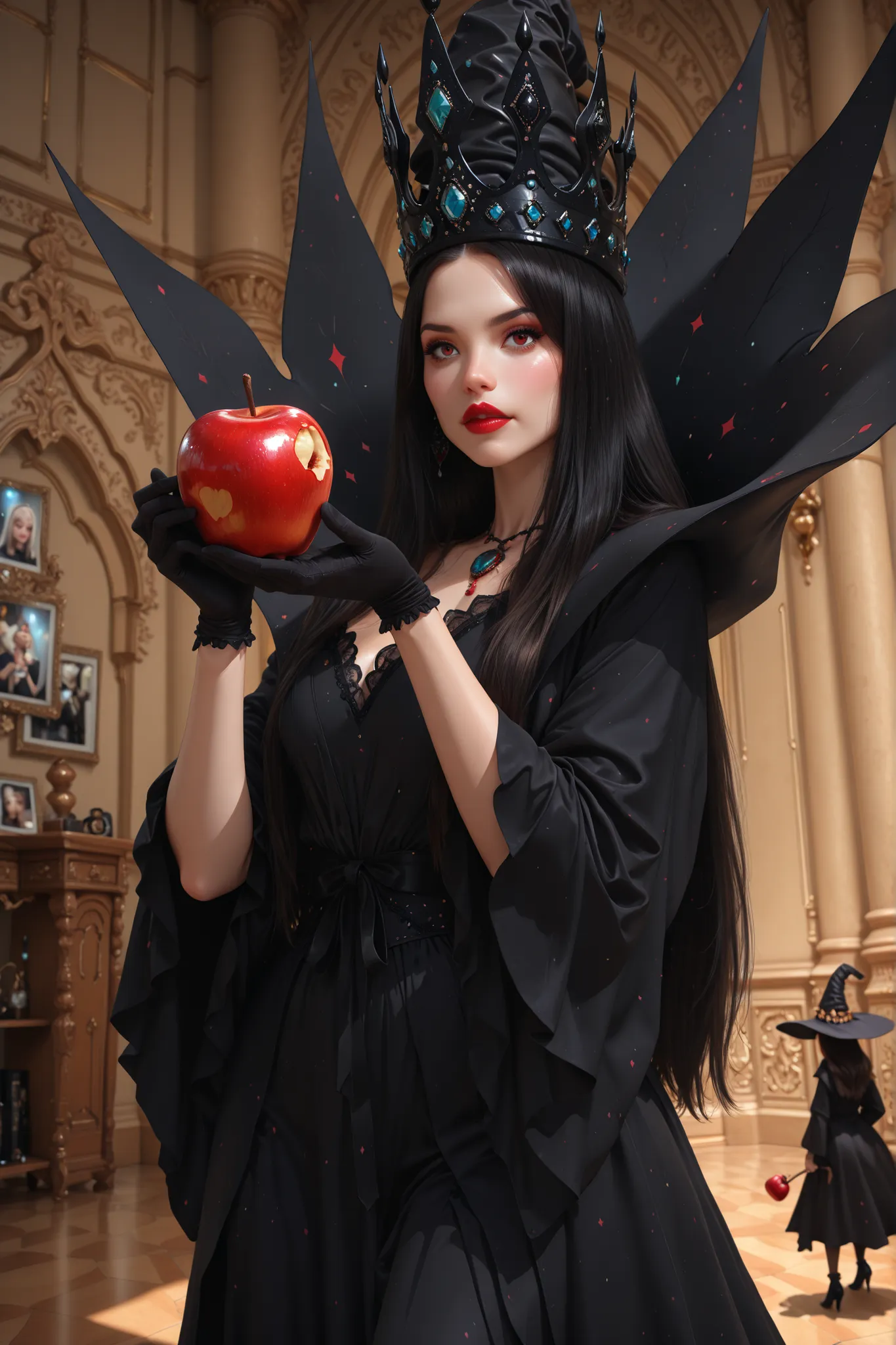 ((RAW Photo), absurd, (absurdresolution)), masterpiece, best quality, (Extremely detailed 8k unity CG wallpaper), (best illustration), (best shadow), Realistic lighting, beautiful detailed glow, ((21 years old)), girl, long black hair, black queen, accesso...