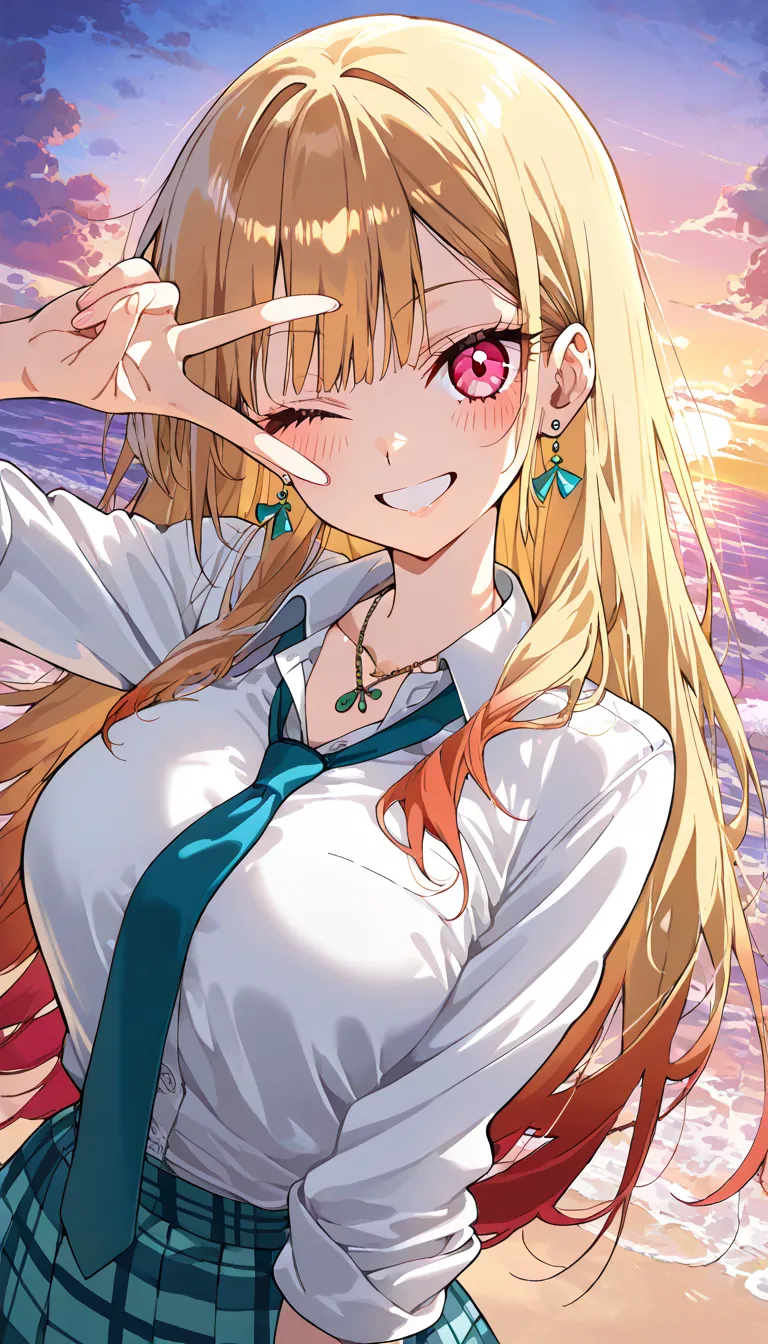 (beautiful girl : 1.3),1 girl,(KJOmarin, blonde hair, long hair, pink eyes, earrings,blonde),(白いdress shirt, arm roll up,necktie,Plaid Skirt,earrings,necklace),Smile Yan,embarrassing,Blush,v over eyes,wink,Sandy Beach,Wave,evening,Sunset,shadow,cloud,Dynamic Angle,( anime style 4k,Beautiful Animated Portraits,Anime Art),masterpiece,top quality,Rich Contrasts,High Definition,8k,High Definition CG Unit Wallpaper,Textures,is unbelievably absurd,RAW pictures,Deep Border 1 .2,very detailed