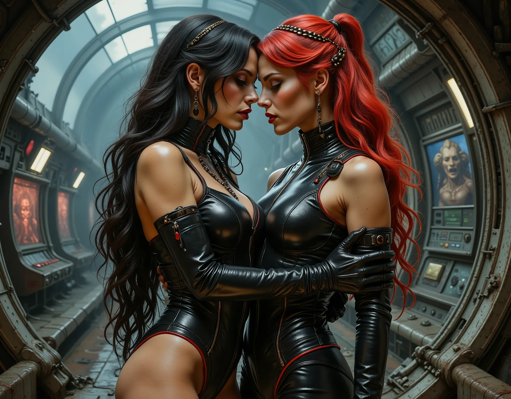 two space girls aboard a spaceship orbiting an alien world, the interior of the spaceship is dim and has a gothic atmosphere, the corridors of the ship are dark and lit with streaks of light like an ancient cathedral, the two women have found a secret spot...