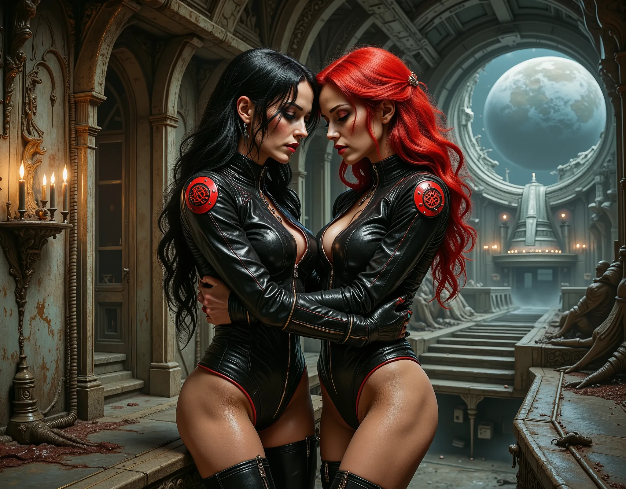 two space girls aboard a spaceship orbiting an alien world, the interior of the spaceship is dim and has a gothic atmosphere, the corridors of the ship are dark and lit with streaks of light like an ancient cathedral, the two women have found a secret spot...