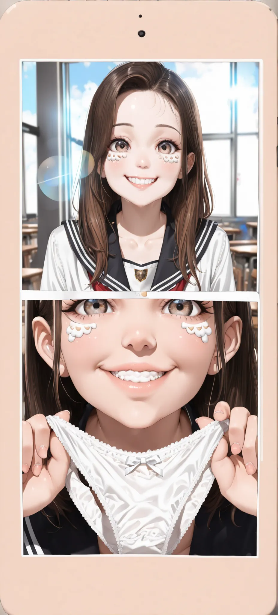 (Looking directly at Viewer:1.5),(big smile:1.2)32K, masterpiece, Raw photo, Best Quality, Photorealistic, Highly detailed CG Unity 32K wallpaper, depth of fields, Cinematic Light, Lens Flare, Ray tracing, (Extremely beautiful face, Beautiful lips, Beautif...