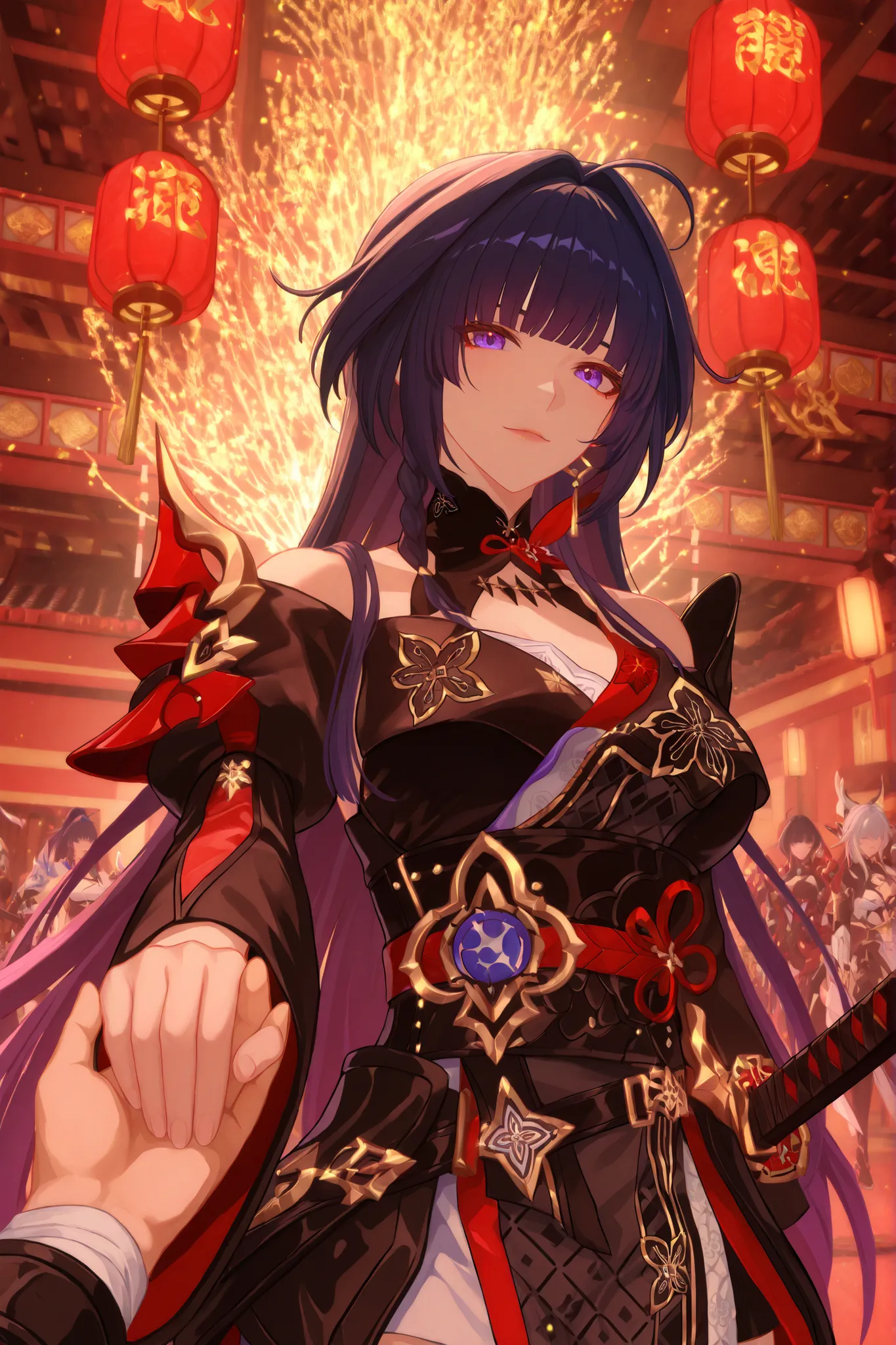 ((apenas)), (Raiden Mei :1.2), Aquecer, holding in her hand a Japanese katana with red details, mulher linda, cabelo roxo azulado , cabelo longo, cabelo desgrenhado, sidelocks, levado, olhos roxo, olhos brilhantes, seios grandes, decoration, upper body, ao...
