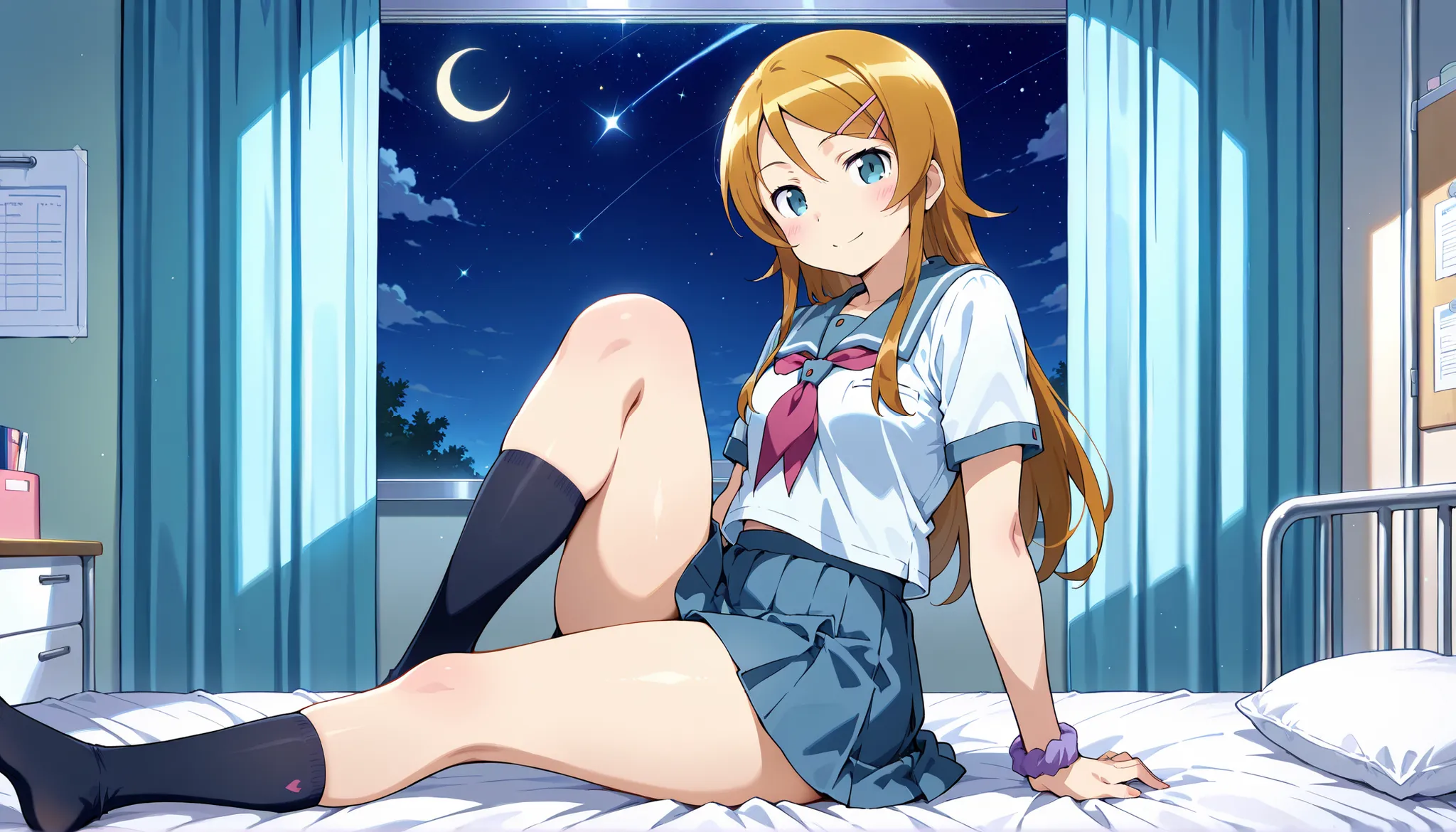 1girl,kousaka kirino, serafuku, blue pleated skirt,short sleeves, red neckerchief,black socks,expressionless,smile,thick thighs,knee up,crescent moon, stars (sky),looking at viewer,Infirmary,bed on a futon