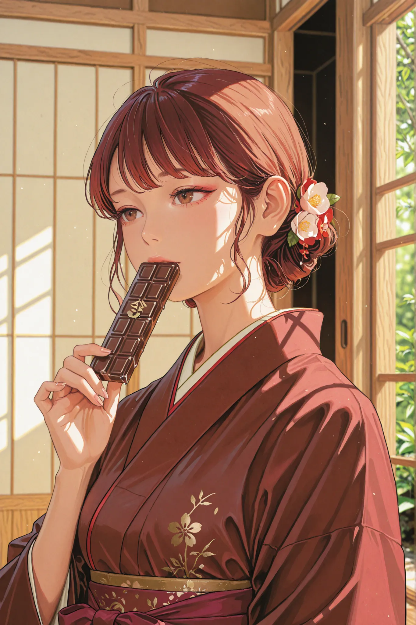 woman wearing beautiful Japanese clothes,Japanese-style background,Pick up a chocolate bar,High Quality,excellent detail,4K,real,Realistic,Natural Light,Delicate Brushwork,grace,Japanese Style,tranquil atmosphere,Traditional craft style,sophisticated color...