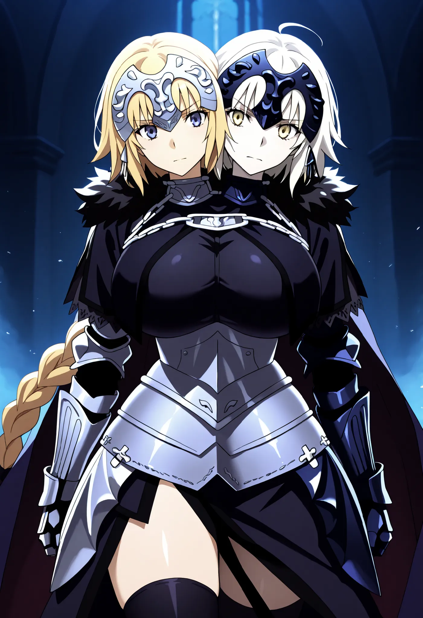 conjoined, 2girls, 2heads, two heads, a tall thin girls with 2 heads, jalter, white hair, yellow eyes, ahoge, short hair, jeanne d arc, blonde hair, blue eyes, long hair, huge breasts, armor, armored boots, armored dress, black gloves, black thighhighs, br...