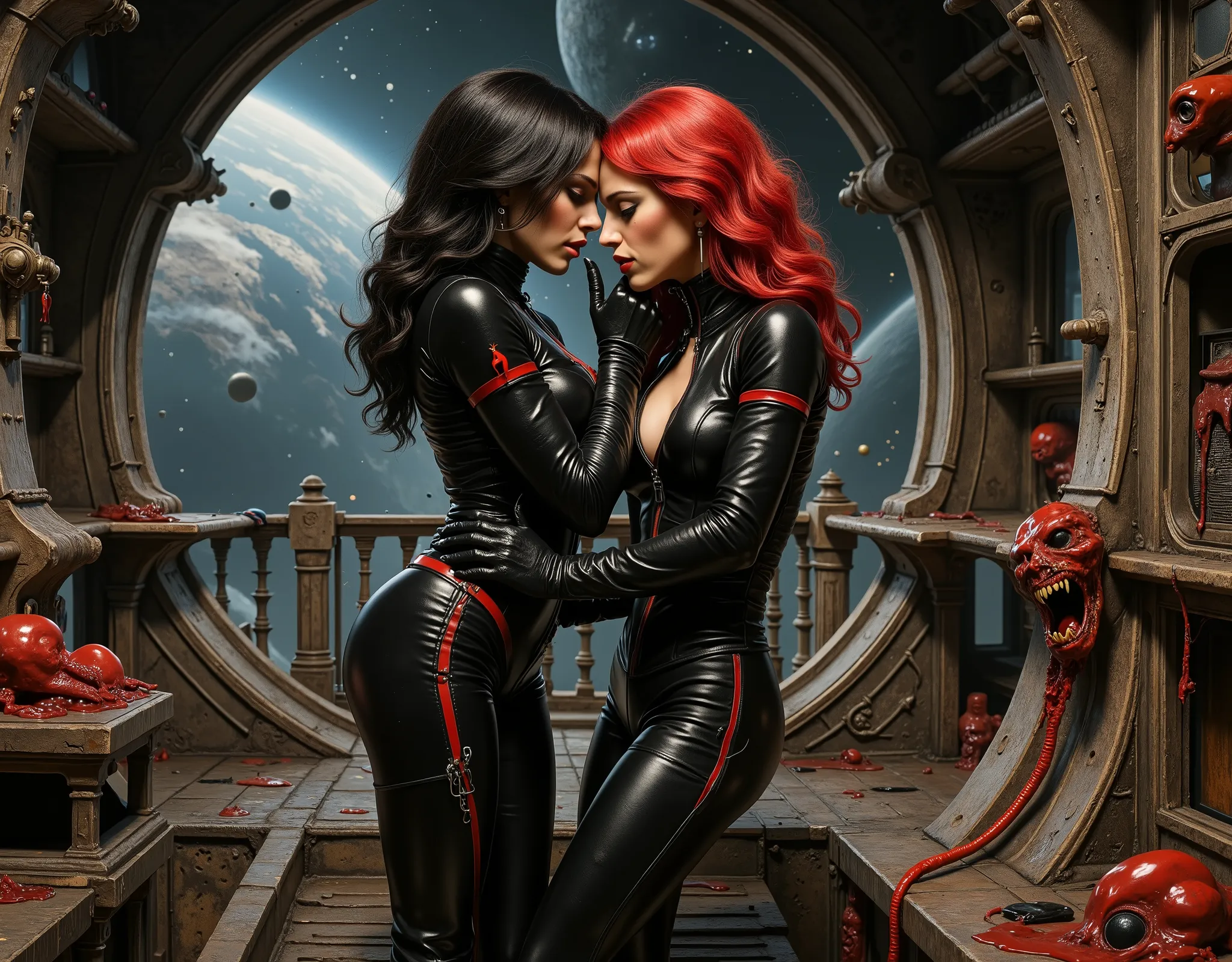 two space girls aboard a spaceship orbiting an alien world, the interior of the spaceship is dim and has a gothic atmosphere, the corridors of the ship are dark and lit with streaks of light like an ancient cathedral, the two women have found a secret spot...