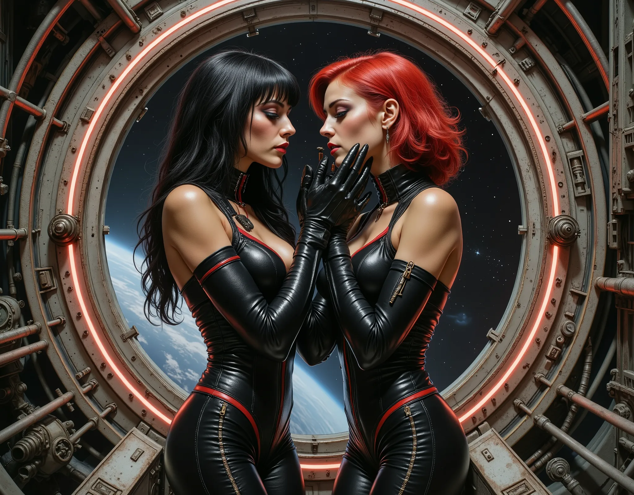 two space girls aboard a spaceship orbiting an alien world, the interior of the spaceship is dim and has a gothic atmosphere, the corridors of the ship are dark and lit with streaks of light like an ancient cathedral, the two women have found a secret spot...