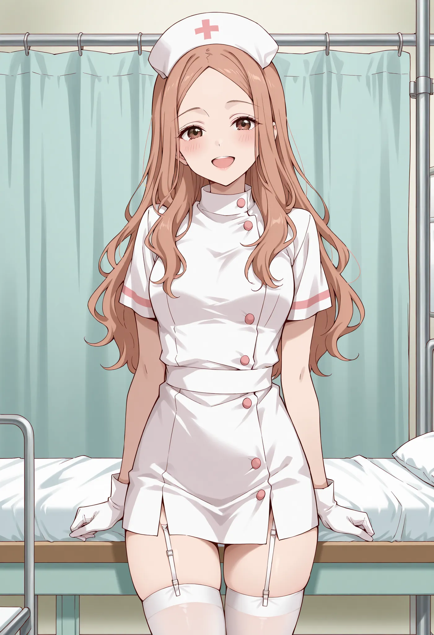 Score_9, score_8_up, score_7_up, source_anime, KJOrune, solo, peach hair, dark brown eyes, long hair, wavy hair, parted bangs, (best quality), (high quality), {masterpiece}, extremely delicate and beautiful, ultra-detailed, beautiful detailed eyes, nurse, ...