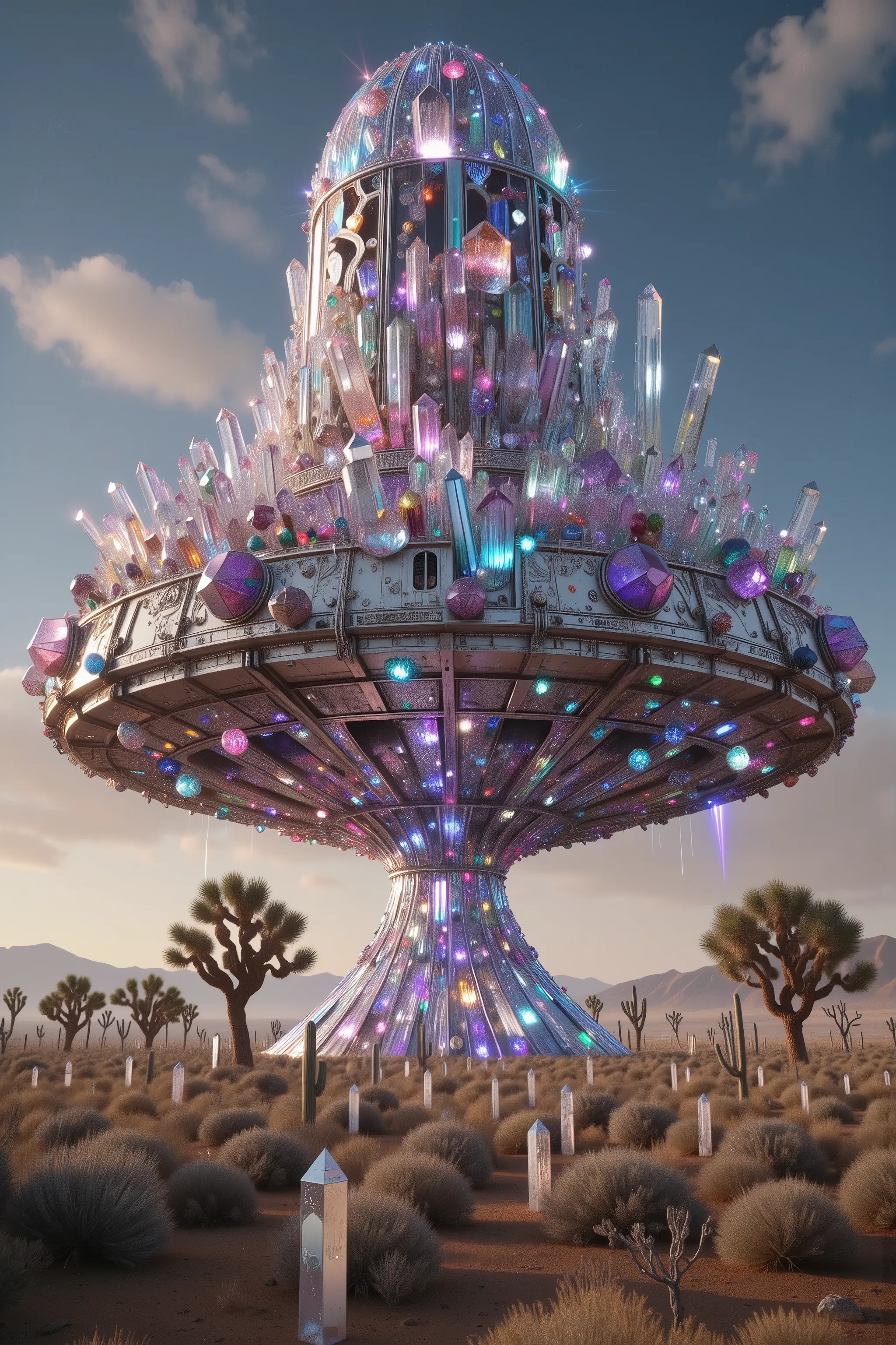 A gigantic UFO has landed in the California desert. It has hundreds of multicolored translucent and clear quartz crystals protruding directly from the silver metal of the ship, highly detailed,photorealistic,8K,HDR,physically-based rendering,professional p...
