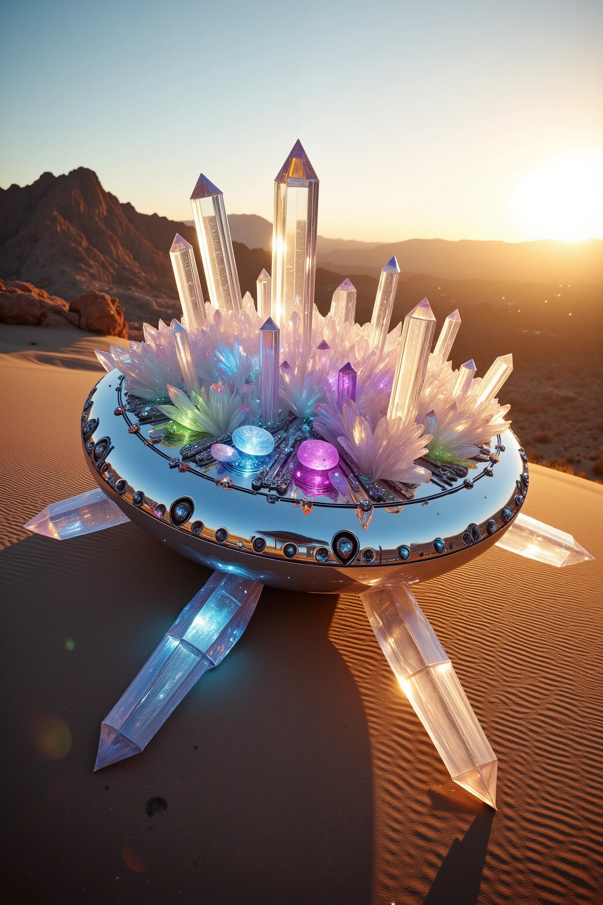 A gigantic UFO has landed in the California desert. It has hundreds of multicolored translucent and clear quartz crystals protruding directly from the silver metal of the ship, highly detailed,photorealistic,8K,HDR,physically-based rendering,professional p...