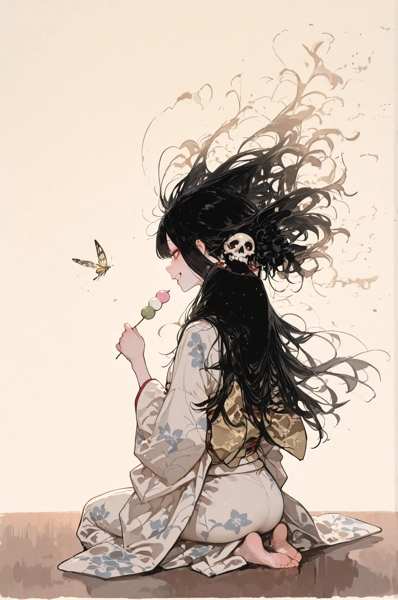 *"A surreal and elegant depiction of the Japanese yokai Futakuchi-onna, seen fully from behind as she sits in seiza (traditional kneeling posture) on a smooth surface. The background is a soft beige gradient with no objects or patterns.
She has only one h...