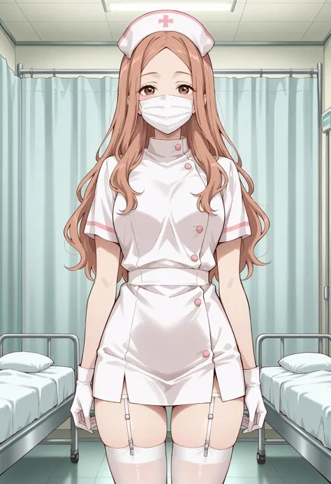 Score_9, score_8_up, score_7_up, source_anime, KJOrune, solo, peach hair, dark brown eyes, long hair, wavy hair, parted bangs, (best quality), (high quality), {masterpiece}, extremely delicate and beautiful, ultra-detailed, beautiful detailed eyes, nurse, ...