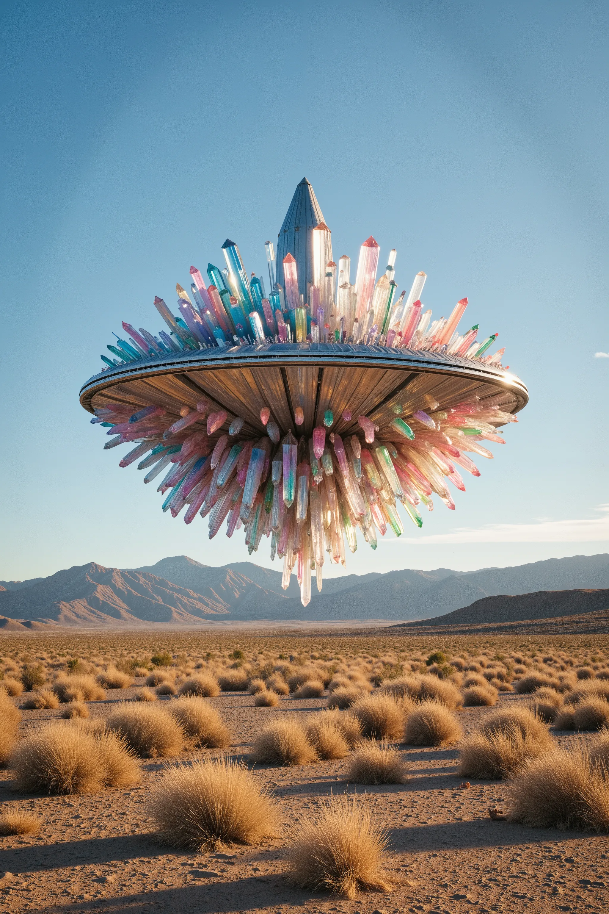 A gigantic UFO has landed in the California desert. It has hundreds of multicolored translucent and clear quartz crystals protruding directly from the silver metal of the ship, highly detailed,photorealistic,8K,HDR,physically-based rendering,professional p...