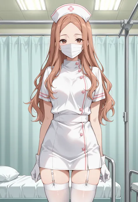 Score_9, score_8_up, score_7_up, source_anime, KJOrune, solo, peach hair, dark brown eyes, long hair, wavy hair, parted bangs, (best quality), (high quality), {masterpiece}, extremely delicate and beautiful, ultra-detailed, beautiful detailed eyes, nurse, ...
