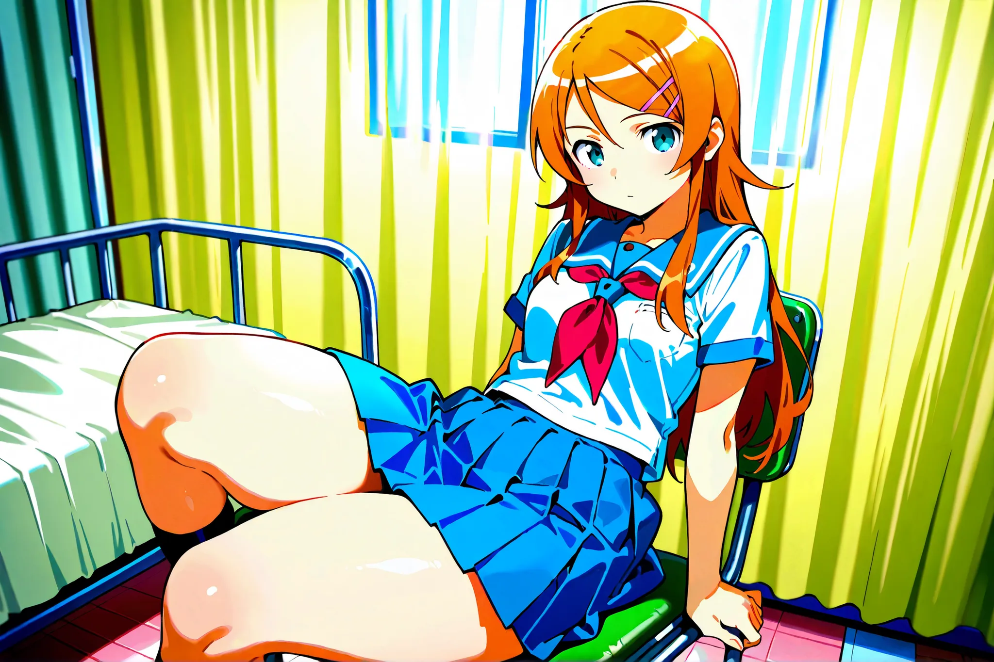 Expressionless kousaka kirino, serafuku, blue pleated skirt,short sleeves, red neckerchief,black socks, infirmary,sitting on chair,thick thighs,looking at viewer