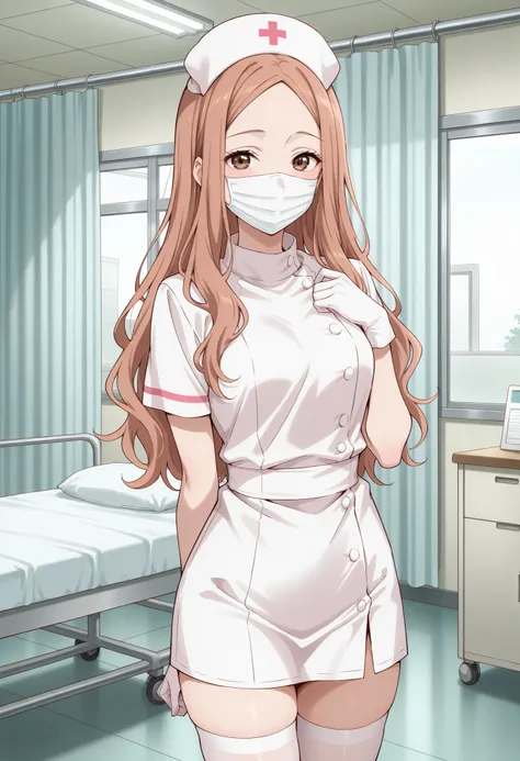 Score_9, score_8_up, score_7_up, source_anime, KJOrune, solo, peach hair, dark brown eyes, long hair, wavy hair, parted bangs, (best quality), (high quality), {masterpiece}, extremely delicate and beautiful, ultra-detailed, beautiful detailed eyes, nurse, ...