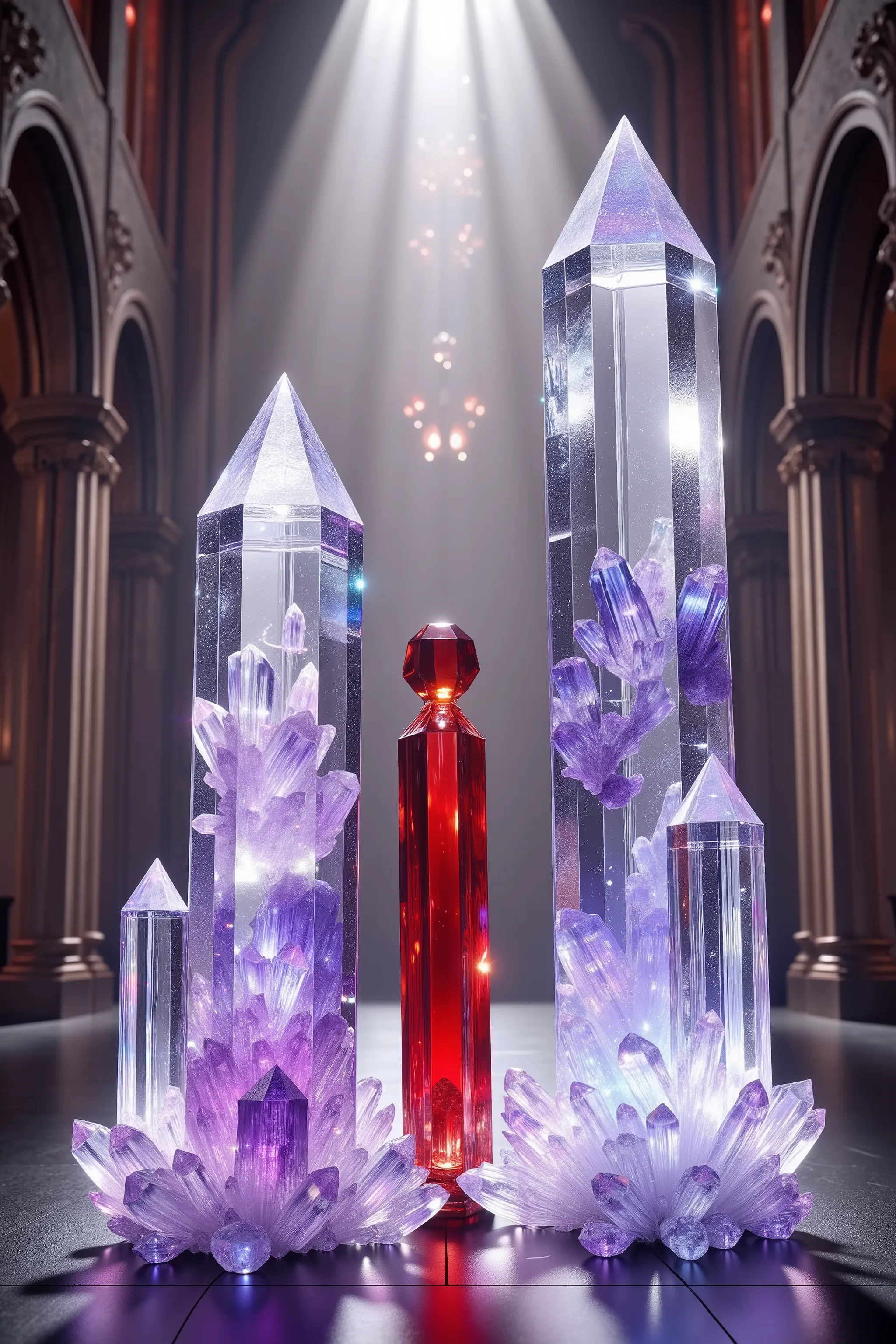 Two giant quartz crystals stand facing each other in a church. The two crystals  are getting married. One is taller and clear, the other violet, There is a third standing taller than both of them just behind them. He is the priest marrying the two of them ...