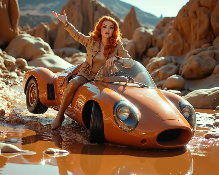 A beautiful ginger girl driving a wacky car made from candy into a chocolate puddle wearing a chocolate colored trench coat and tan GlossyPantyhose, SFW, she doesn't know she's about to drive into a trap placed by the mischievous and beautiful blonde retro...