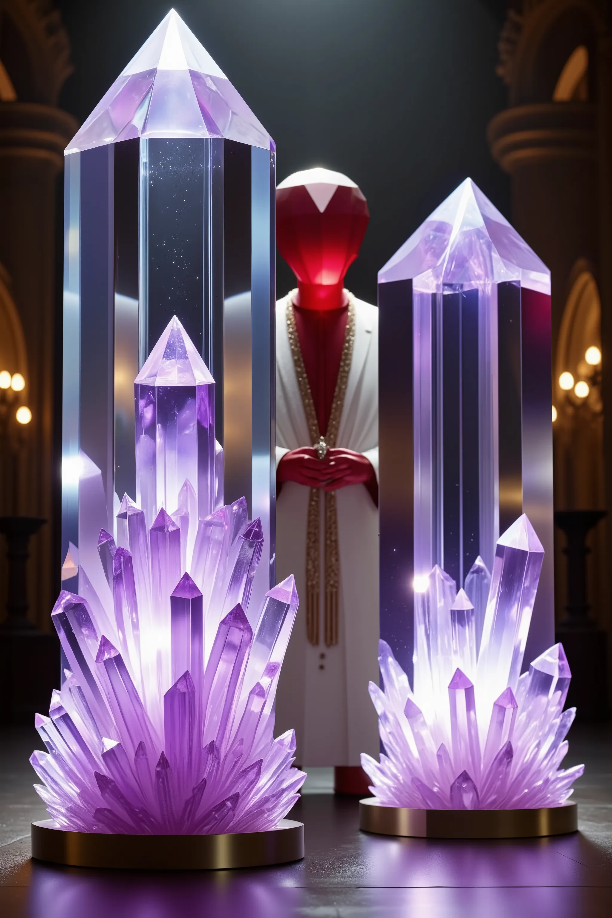 Two giant quartz crystals stand facing each other in a church. The two crystals  are getting married. One is taller and clear, the other violet, There is a third standing taller than both of them just behind them. He is the priest marrying the two of them ...