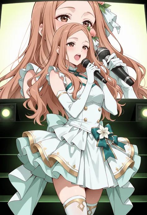 Score_9, score_8_up, score_7_up, source_anime, KJOrune, solo, peach hair, dark brown eyes, long hair, wavy hair, parted bangs, (best quality), (high quality), {masterpiece}, extremely delicate and beautiful, ultra-detailed, beautiful detailed eyes, idol, i...