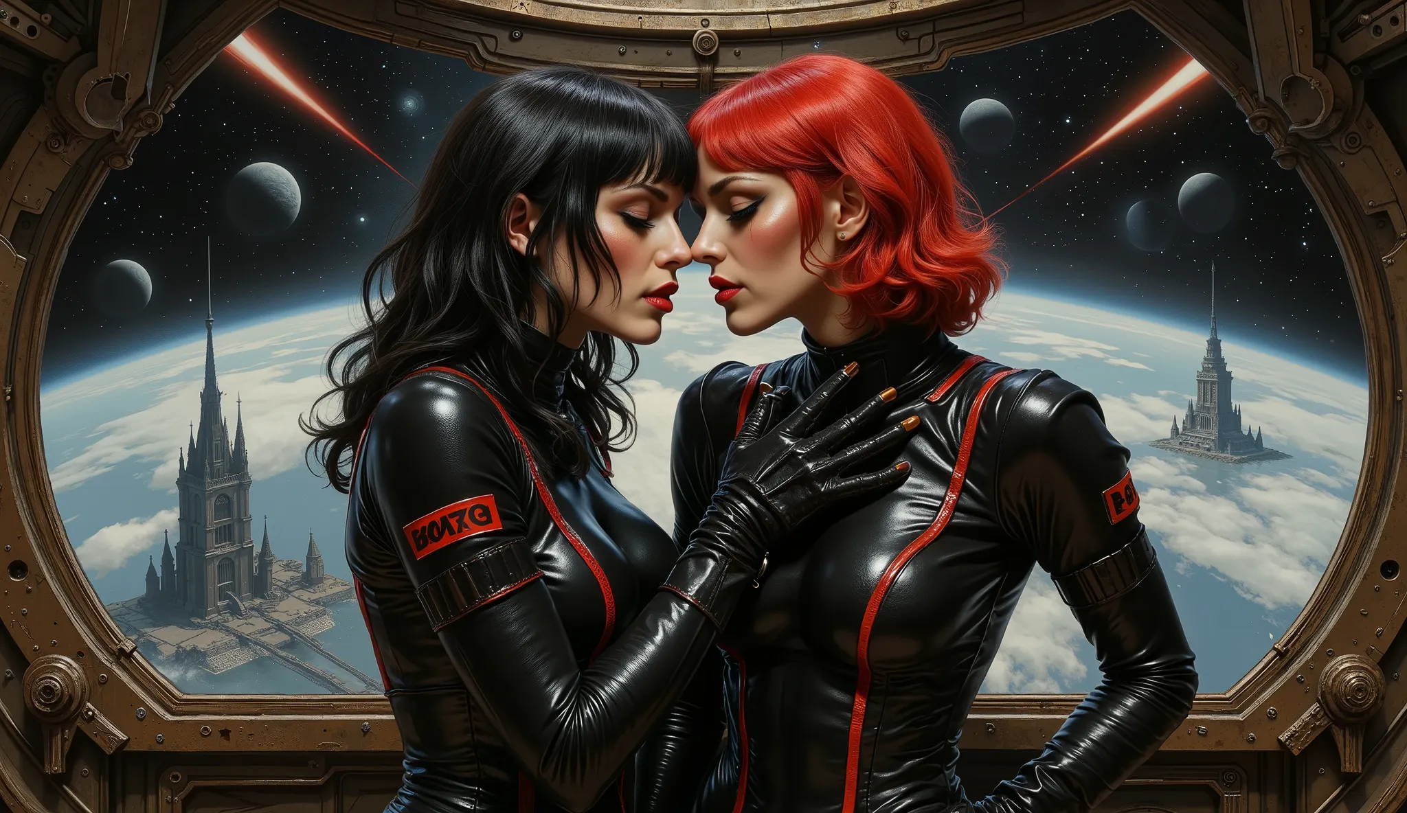 two retro hot space girls aboard a spaceship orbiting an alien world, the interior of the spaceship is dim and has a gothic atmosphere, the corridors of the ship are dark and lit with streaks of light like an ancient cathedral, the two women have found a s...