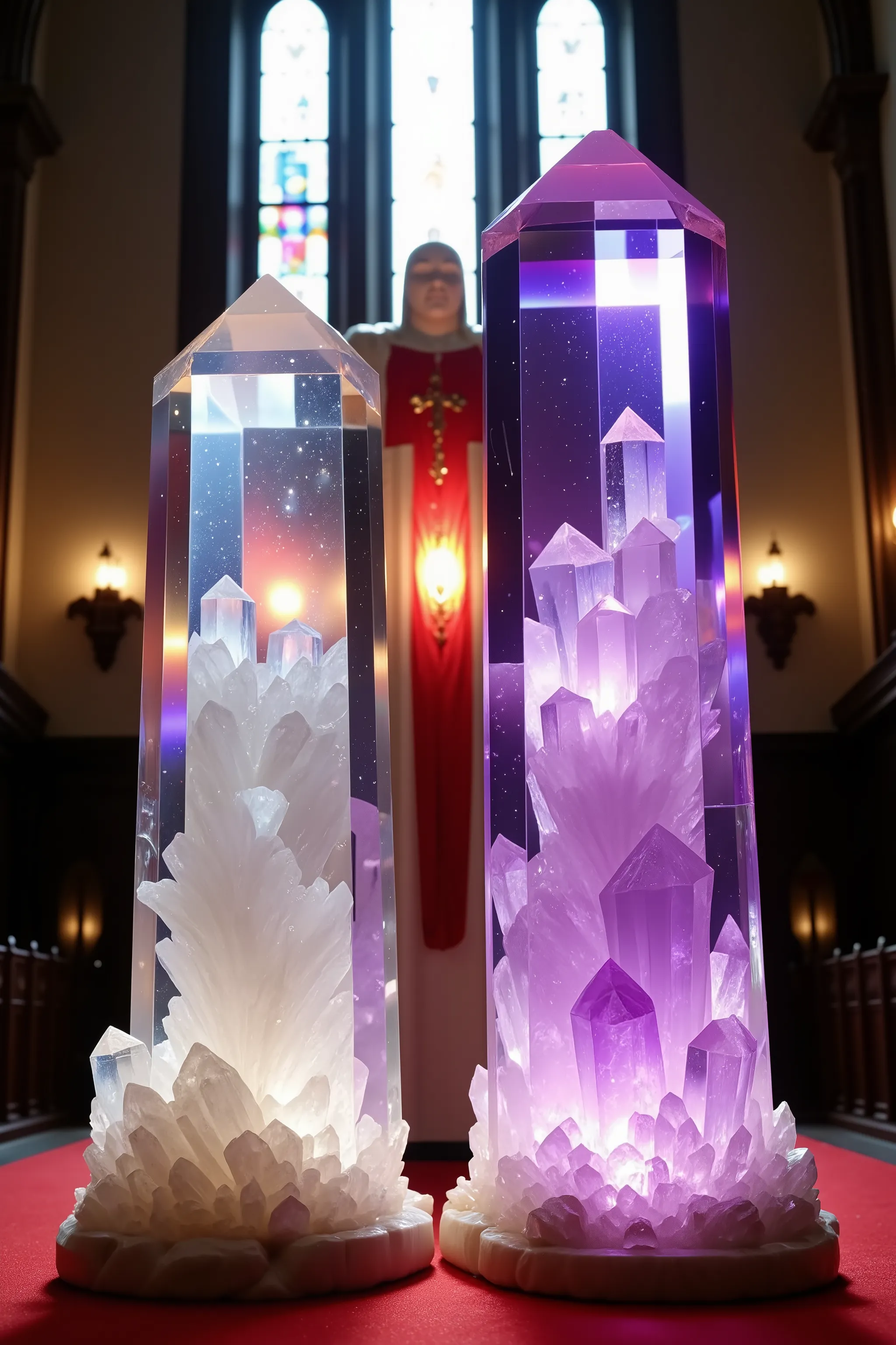Two giant quartz crystals stand facing each other in a church. The two crystals  are getting married. One is taller and clear, the other violet, There is a third standing taller than both of them just behind them. He is the priest marrying the two of them ...
