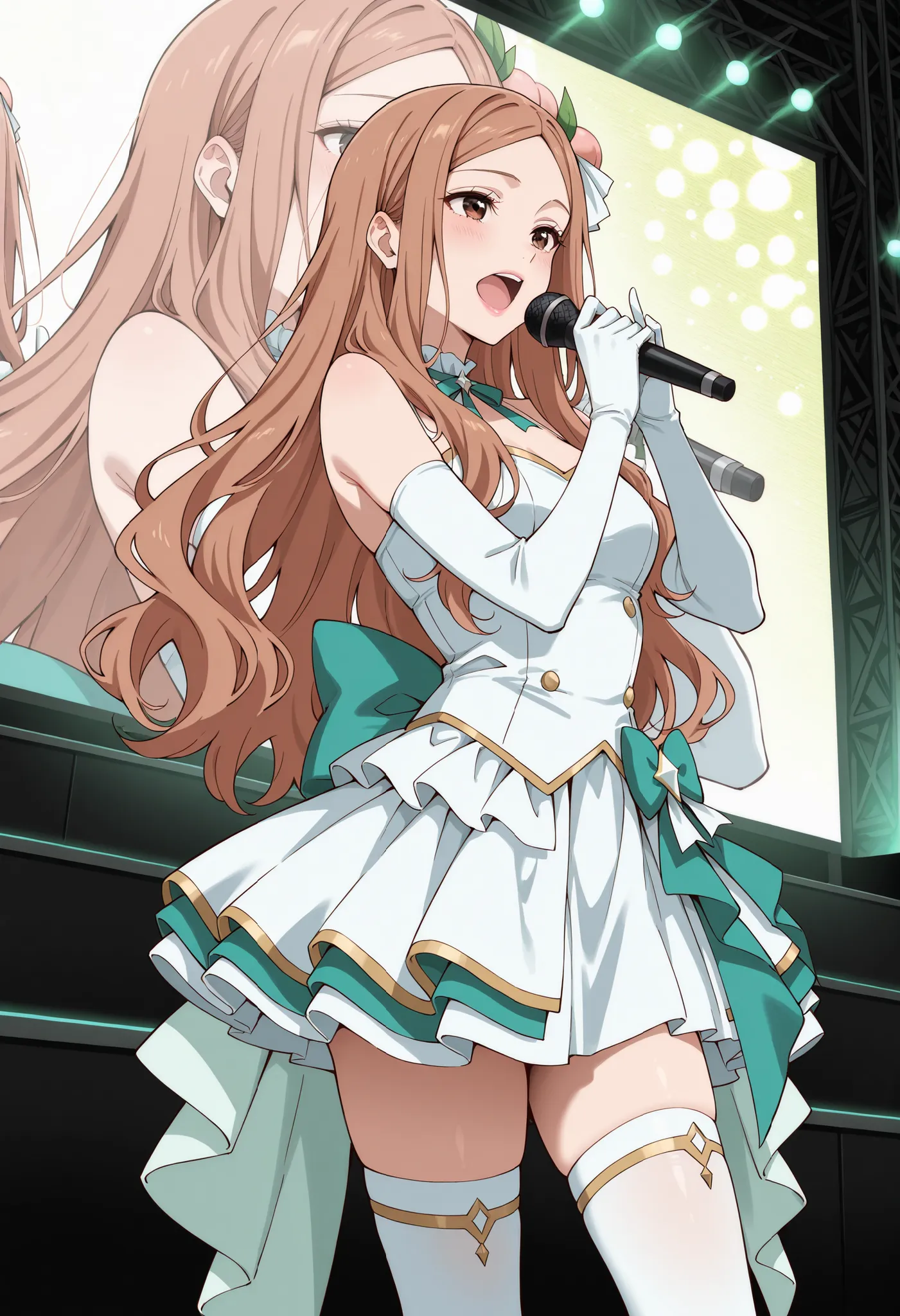 Score_9, score_8_up, score_7_up, source_anime, KJOrune, solo, peach hair, dark brown eyes, long hair, wavy hair, parted bangs, (best quality), (high quality), {masterpiece}, extremely delicate and beautiful, ultra-detailed, beautiful detailed eyes, idol, i...