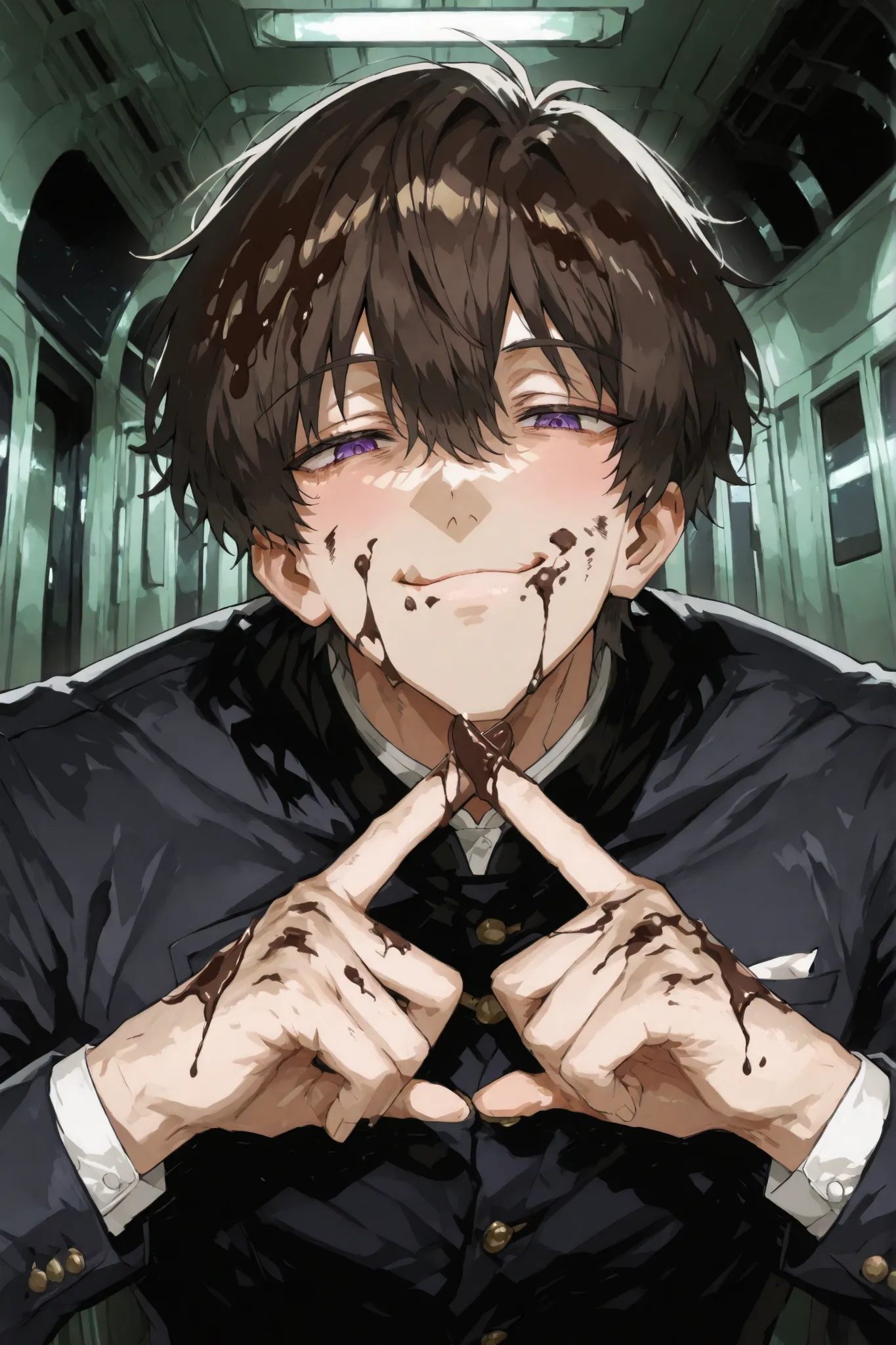 anime, Male celebrity, chocolate on the face, Chocolate mousse on hands, with dirty chocolate on the hands, happy expression, 4K, illustration, Dark Subway, Sexy Pose, thumbs and 4 fingers