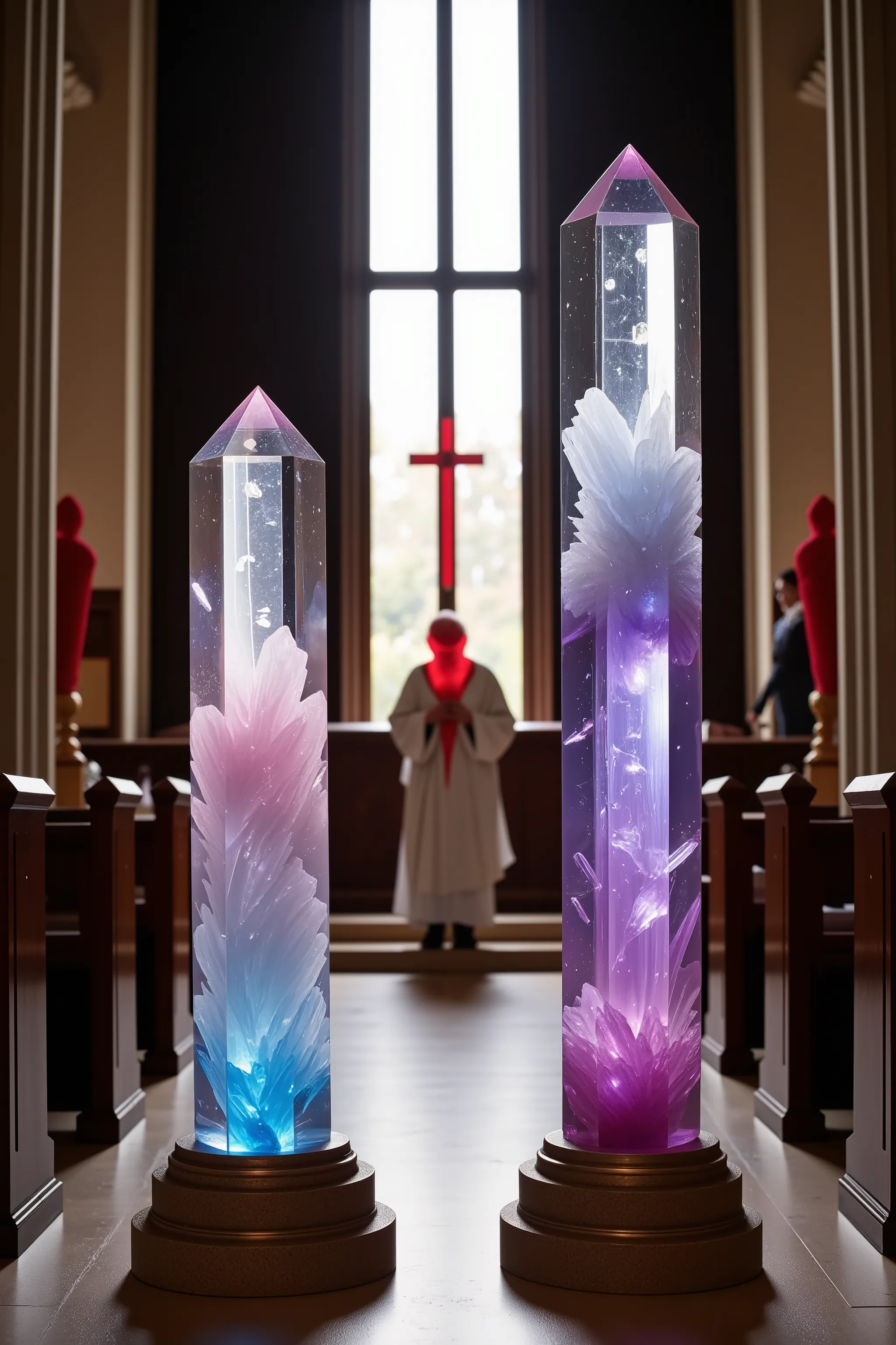 Two giant quartz crystals stand facing each other in a church. The two crystals  are getting married. One is taller and clear, the other violet, There is a third standing taller than both of them just behind them. He is the priest marrying the two of them ...