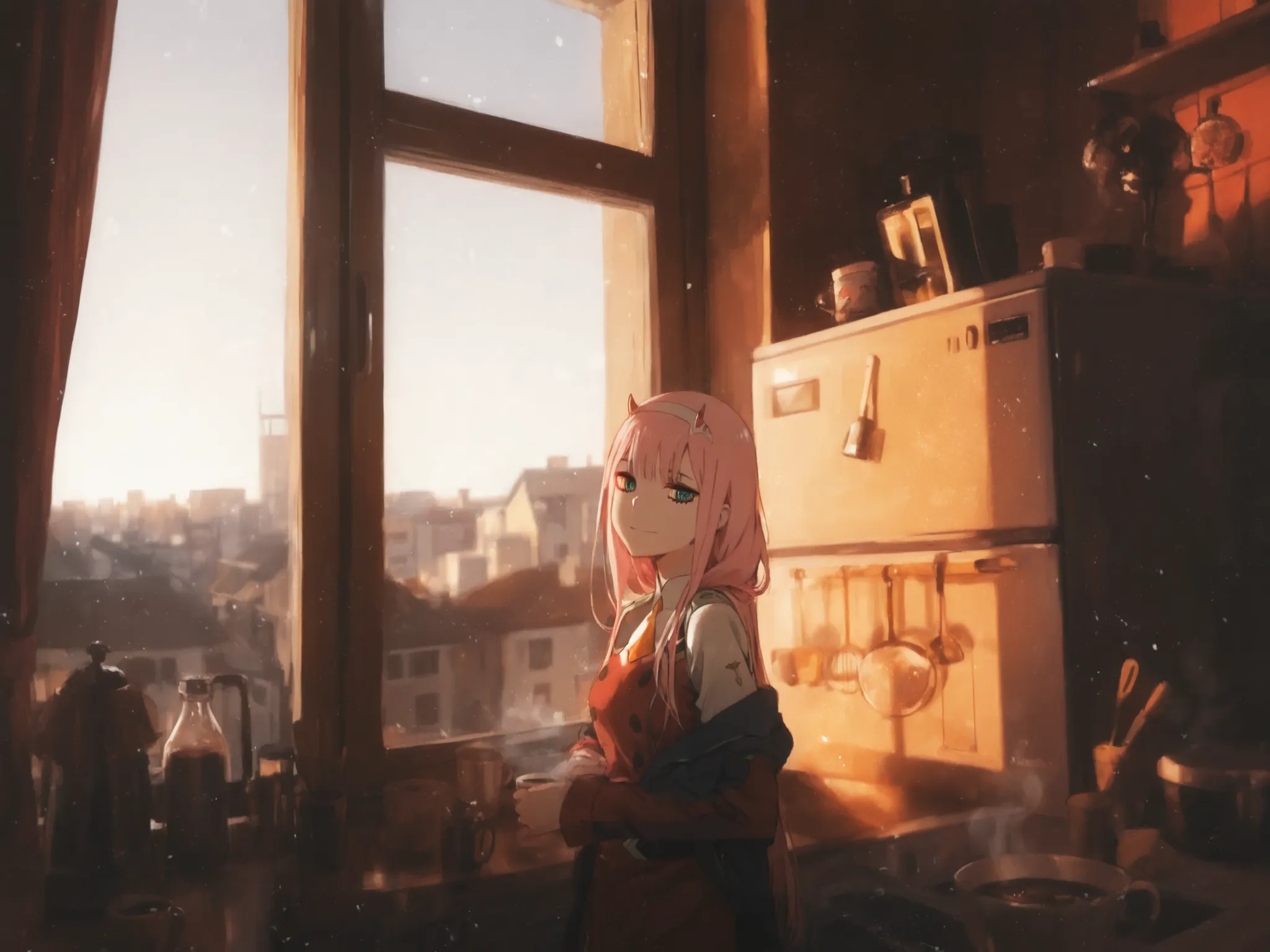  zero two, zero two \(darling in the franxx\), green eyes, hairband, horns, long hair, pink hair, red horns, white hairband, A lonely girl stands in the middle of the kitchen in an apartment and looks melancholically at the camera, coffee is on the windows...