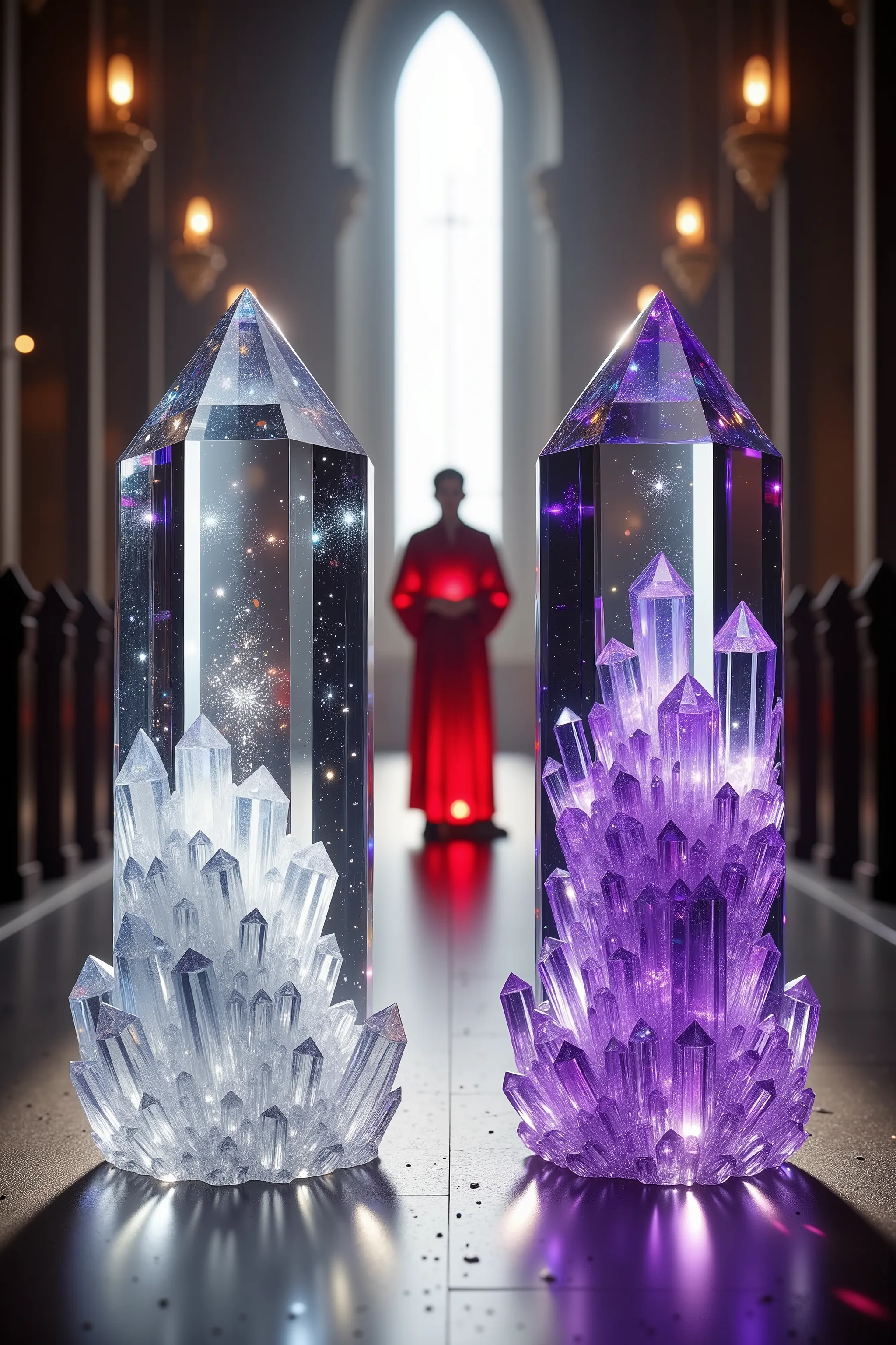 Two giant quartz crystals stand facing each other in a church. The two crystals  are getting married. One is taller and clear, the other violet, There is a third standing taller than both of them just behind them. He is the priest marrying the two of them ...