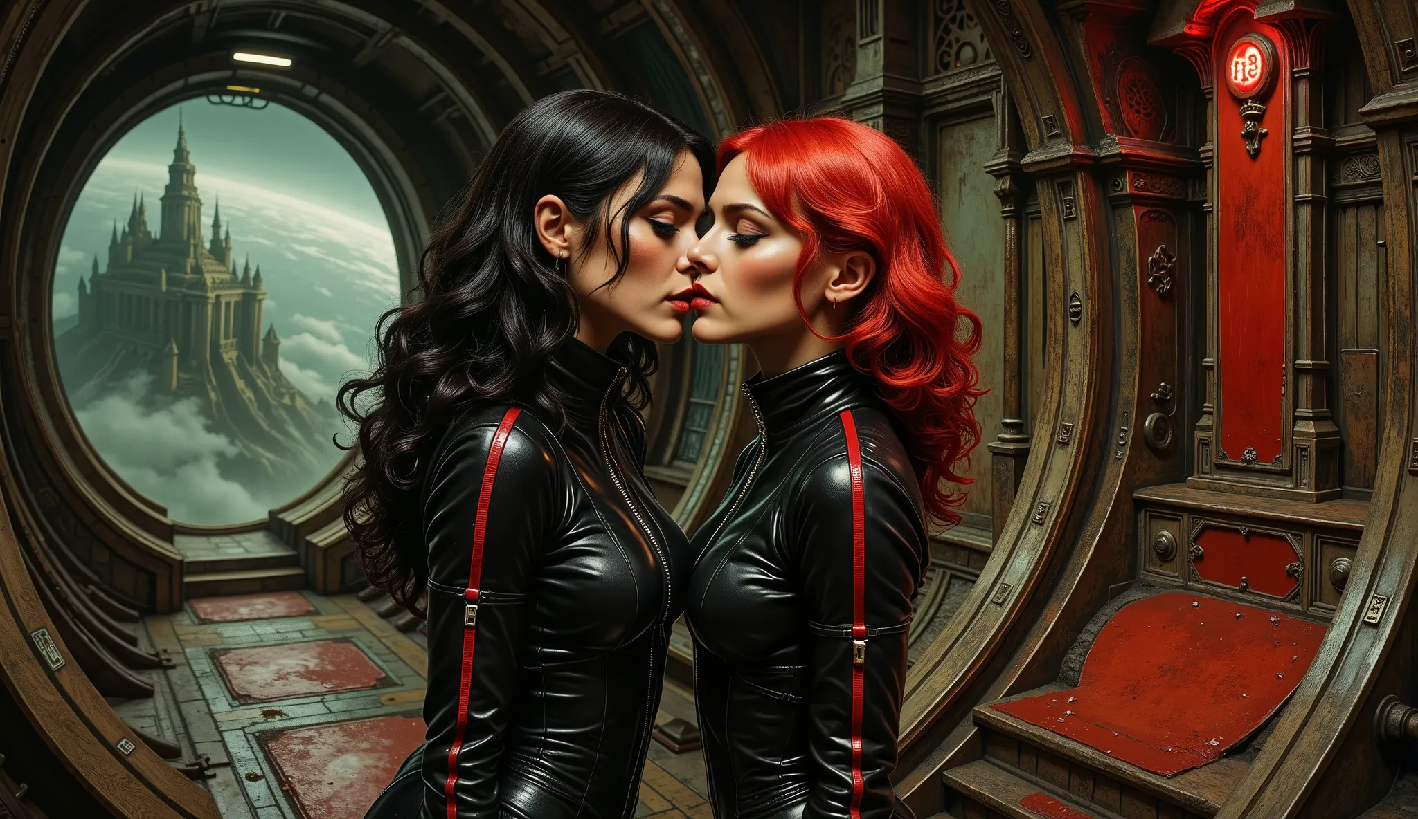 two retro hot space girls aboard a spaceship orbiting an alien world, the interior of the spaceship is dim and has a gothic atmosphere, the corridors of the ship are dark and lit with streaks of light like an ancient cathedral, the two women have found a d...