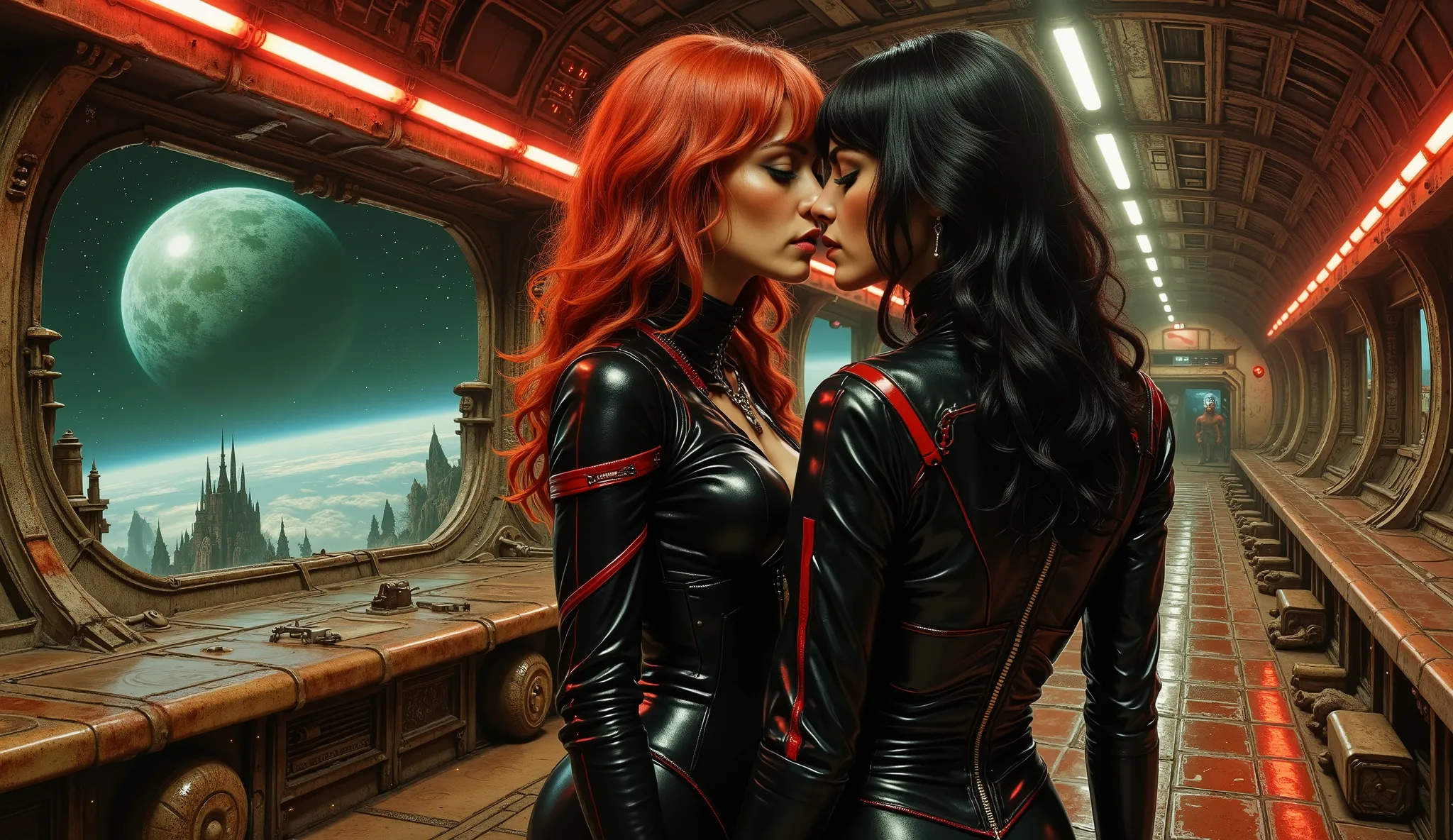two retro hot space girls aboard a spaceship orbiting an alien world, the interior of the spaceship is dim and has a gothic atmosphere, the corridors of the ship are dark and lit with streaks of light like an ancient cathedral, the two women have found a d...