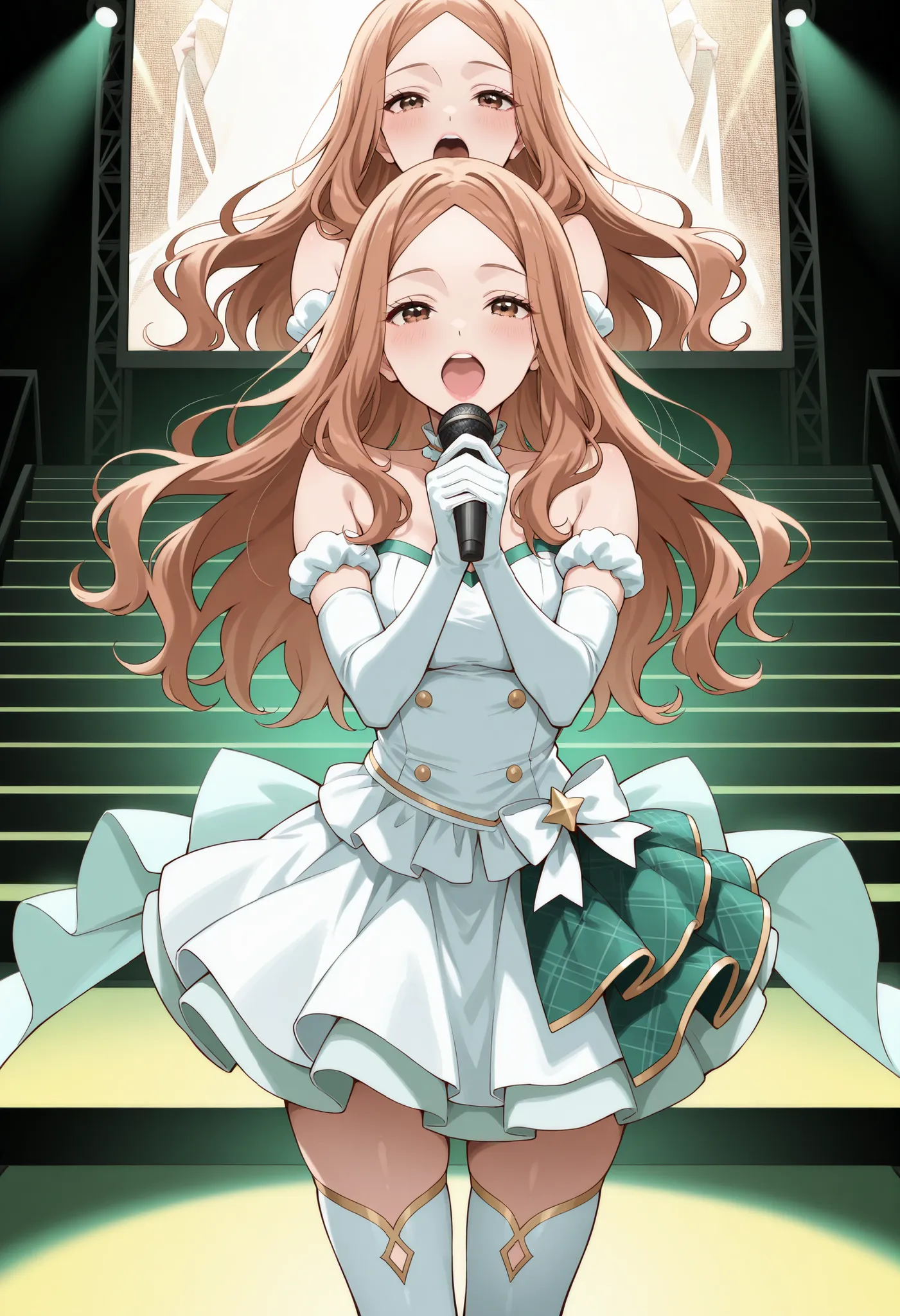 Score_9, score_8_up, score_7_up, source_anime, KJOrune, solo, peach hair, dark brown eyes, long hair, wavy hair, parted bangs, (best quality), (high quality), {masterpiece}, extremely delicate and beautiful, ultra-detailed, beautiful detailed eyes, idol, i...