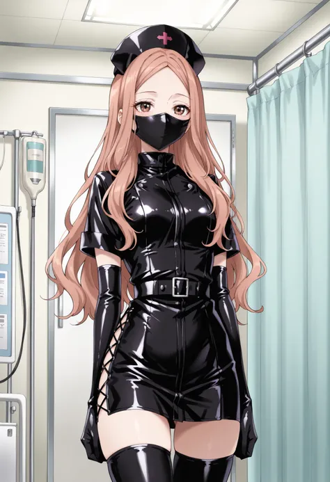 Score_9, score_8_up, score_7_up, source_anime, KJOrune, solo, peach hair, dark brown eyes, long hair, wavy hair, parted bangs, enamel leather dark nurse, latex dress, black latex elbow gloves, black latex legwear, latex, latex skirt, (best quality), (high ...