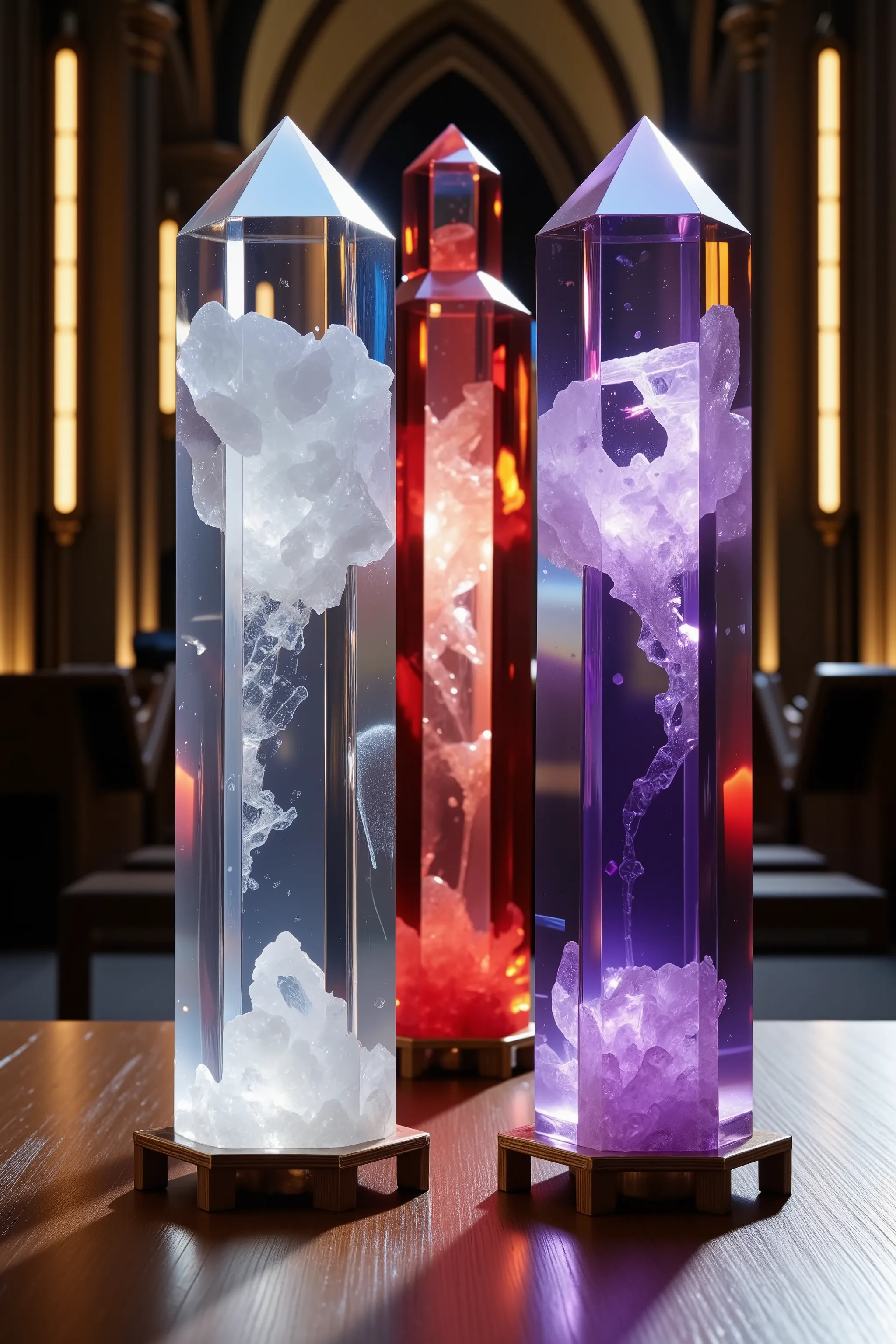 Two giant quartz crystals stand facing each other in a church. The two crystals  are getting married. One is taller and clear, the other violet, There is a third standing taller than both of them just behind them. He is the priest marrying the two of them ...