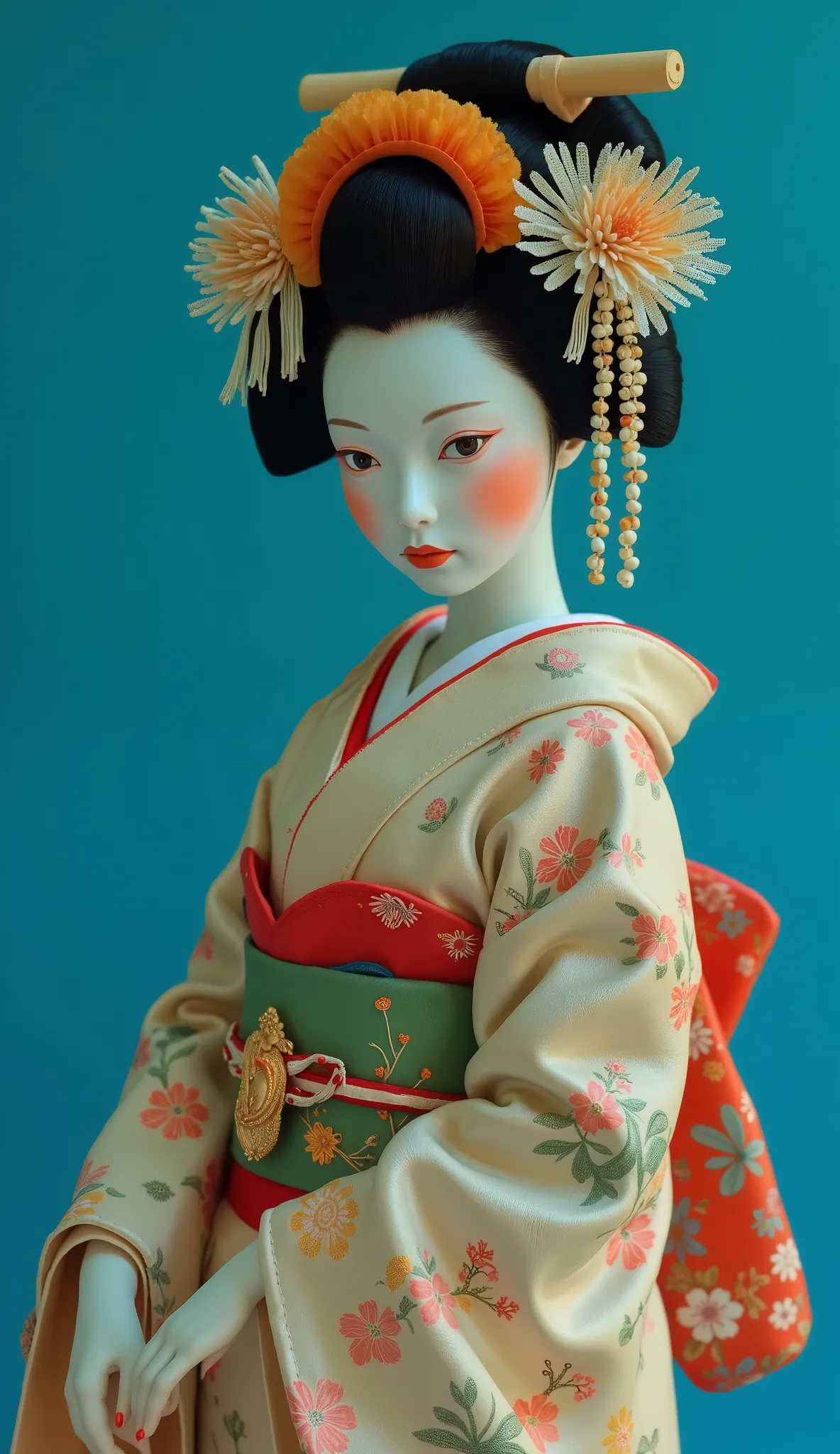 close-up of a doll on a stand on a blue background, プリマバレリーナgeisha, In kimono, 日本のgeisha, geisha, Chiho Aoshima, 伝統的なgeisha服, 複雑なgeishaの着物, Ayami Koji ima, Detailed Images, Japanese kimono, In kimono, white kimono, 日本のロボットgeisha