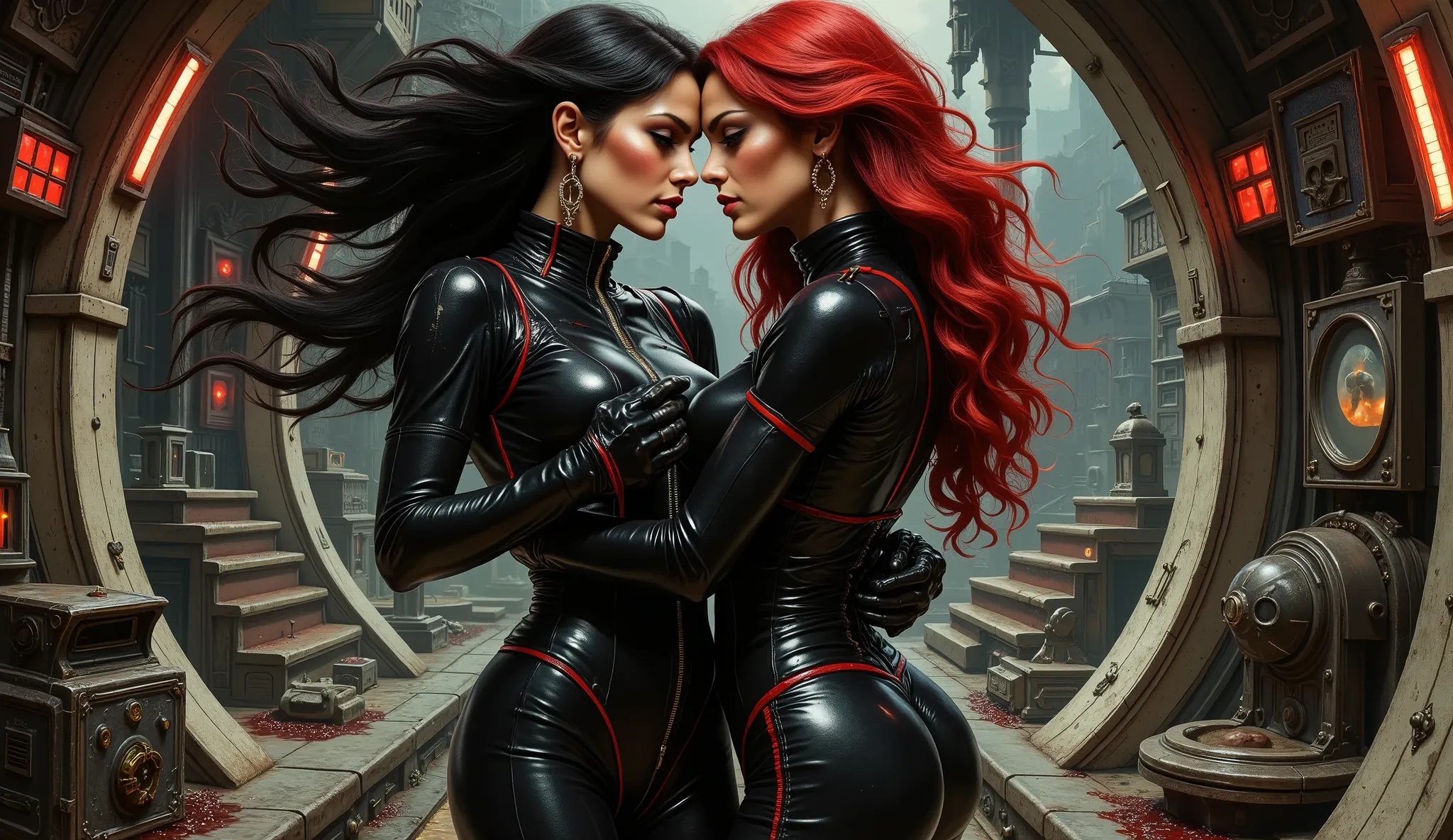 two space girls aboard a spaceship orbiting an alien world, the interior of the spaceship is dim and has a gothic atmosphere, the corridors of the ship are dark and lit with streaks of light like an ancient cathedral, the two women have found a secret spot...