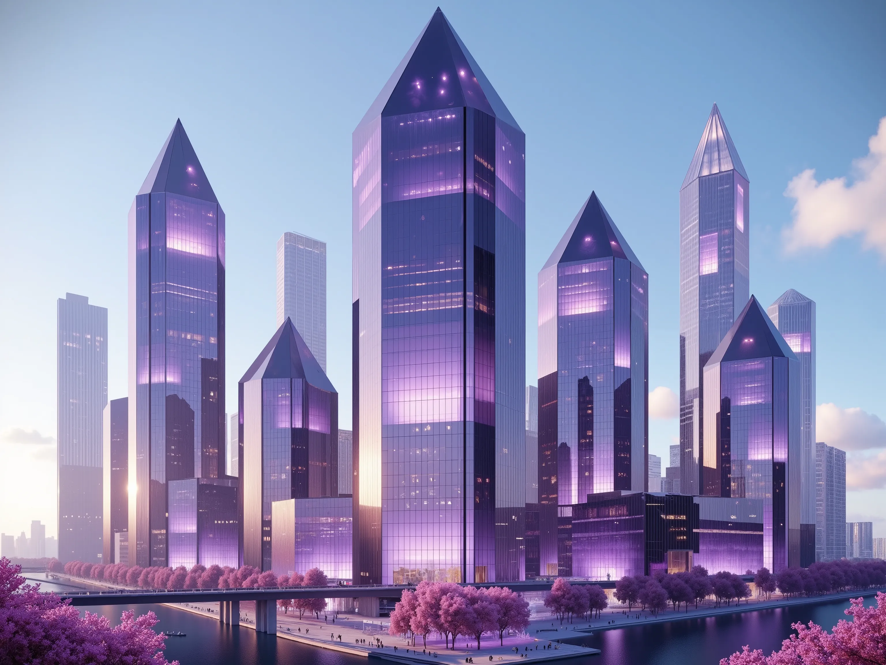 A futuristic cityscape is depicted, dominated by towering skyscrapers that resemble giant crystals. These buildings are crafted from what appears to be translucent, faceted glass with a captivating purple hue. The sunlight glimmers off their surfaces, crea...