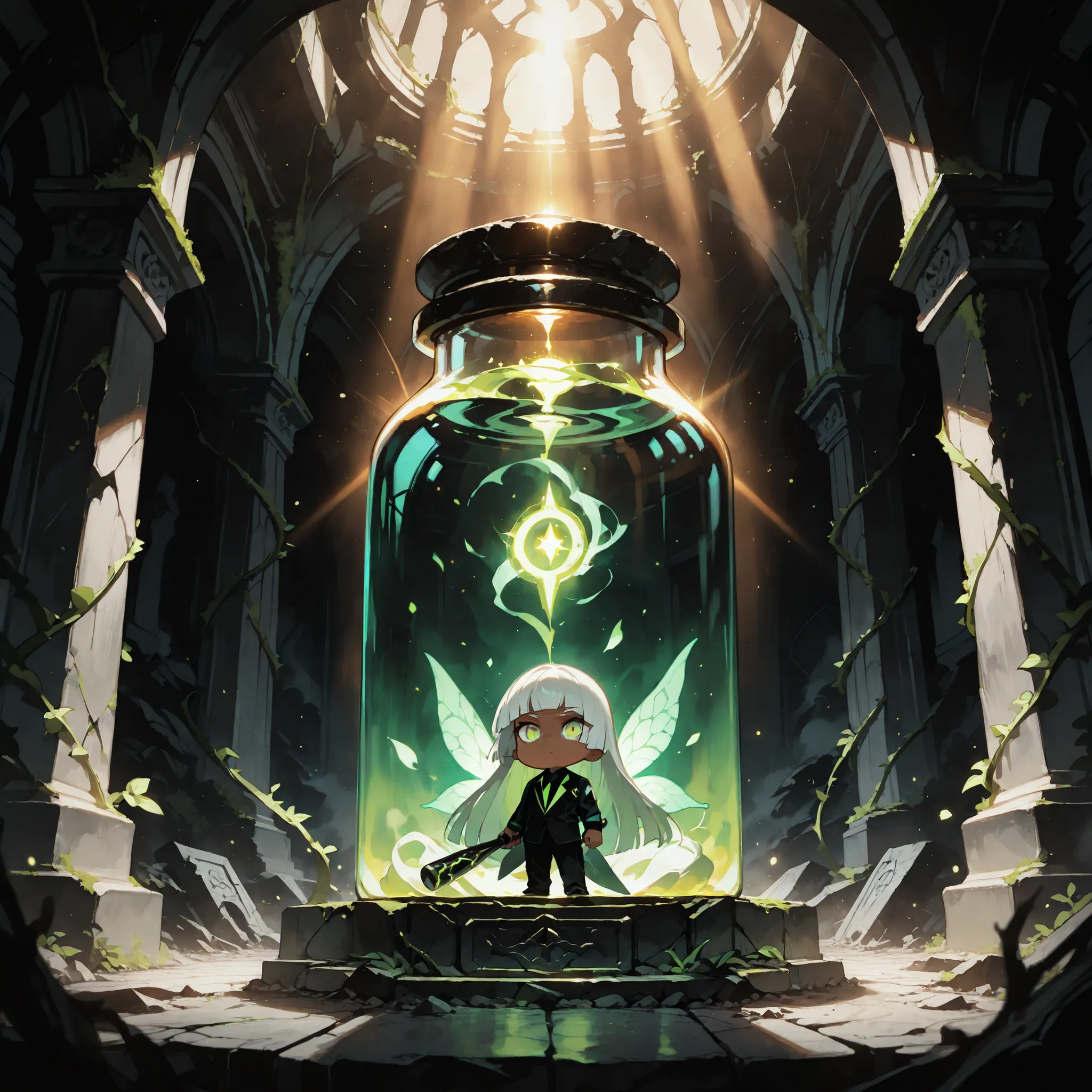 (masterpiece, high quality, ultra-detailed), chibi, solo, 1 boy, cinematic lighting, dramatic, high contrast, dark hero, dangerous vibe, low angle
male fairy, handsome, dark skin, white hair, very long hair, hip-length hair, hime-cut, lime green eyes, bla...