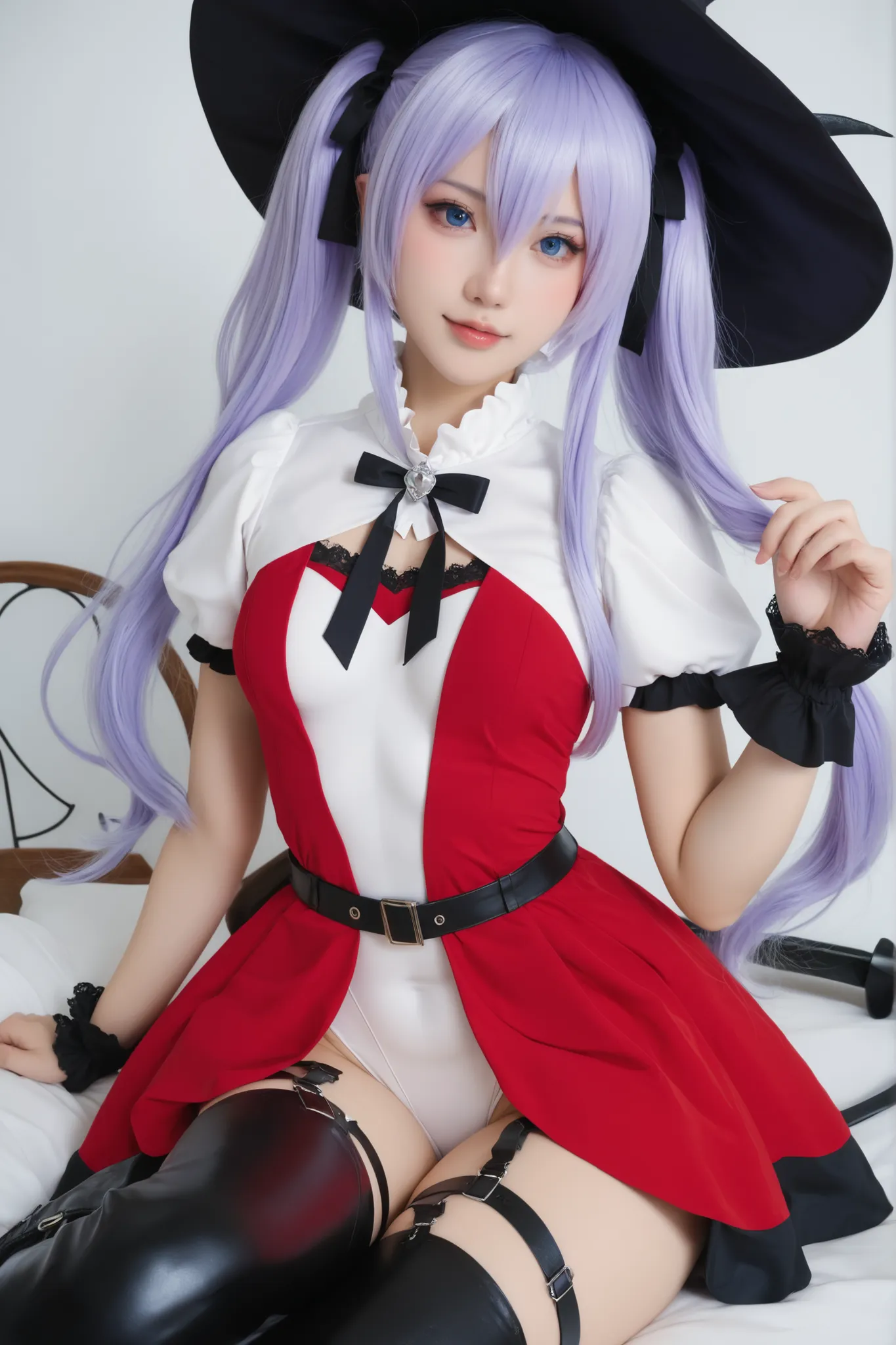 nagomis1_cnr, 1girl, light purple hair, hair between eyes, blue eyes, small breasts, long hair, twintails, witch dress, red dress, white dress, two-tone dress,white leotard, puffy sleeves, garter straps, black thighhighs, thigh boots, ela está de pé olhand...