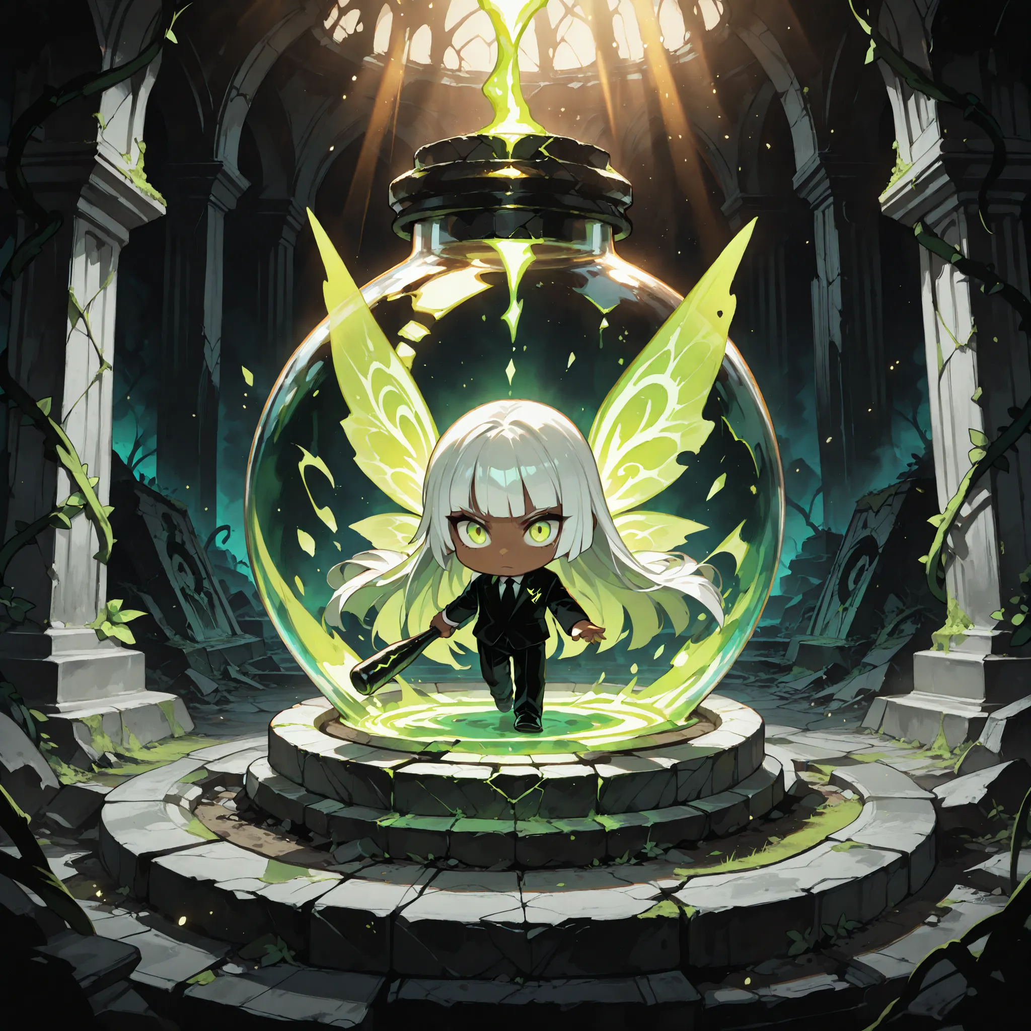 (masterpiece, high quality, ultra-detailed), chibi, solo, 1 boy, cinematic lighting, dramatic, high contrast, dark hero, dangerous vibe, high angle
male fairy, handsome, dark skin, white hair, very long hair, hip-length hair, hime-cut, lime green eyes, bl...