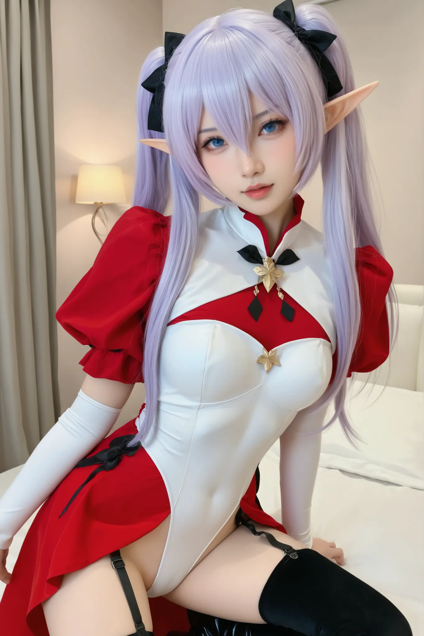 nagomis1_cnr, 1girl, light purple hair, hair between eyes, blue eyes, small breasts, long hair, twintails, elf dress, red dress, white dress, two-tone dress,white leotard, puffy sleeves, garter straps, black thighhighs, thigh boots, ela está de pé olhando ...