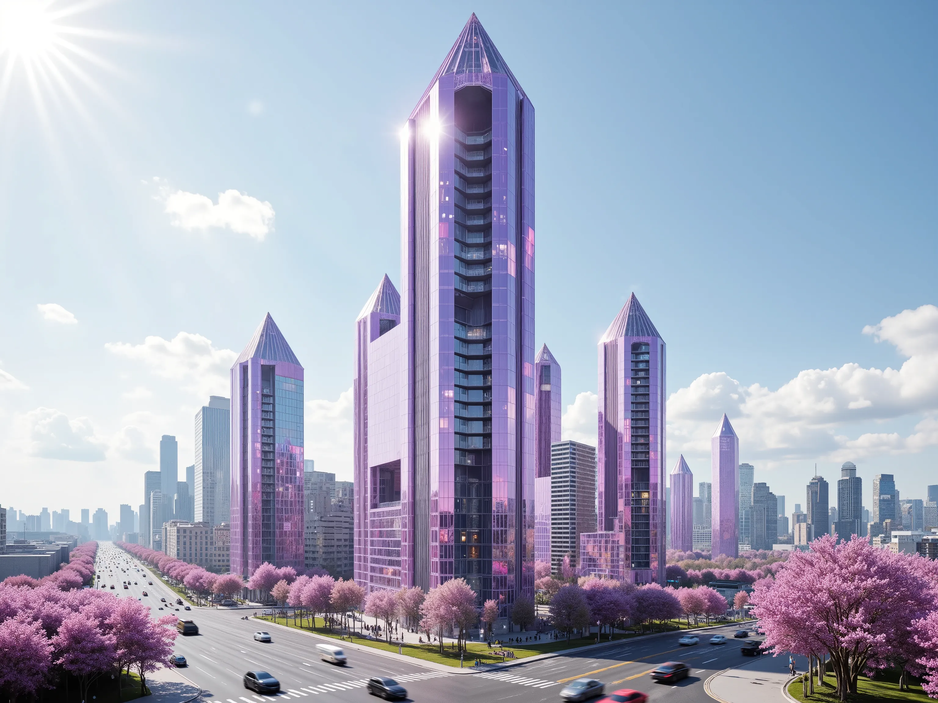 Ultra-realistic, ultra-crystalisric, macro-photography futuristic cityscape is depicted, dominated by towering skyscrapers that resemble giant quartz crystals. These buildings are crafted from what appears to be translucent, faceted glass with a captivatin...
