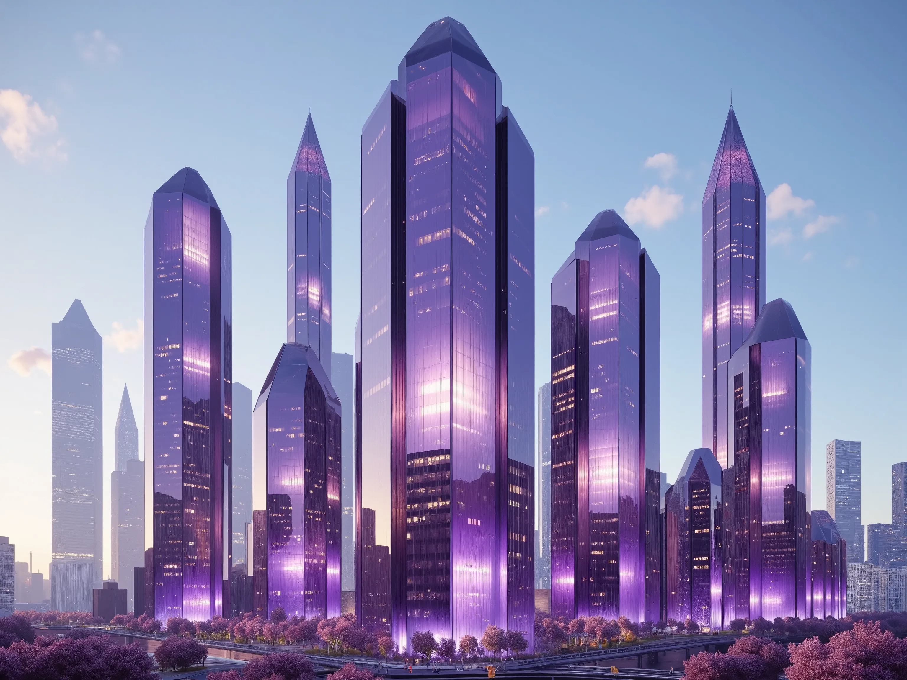 A futuristic cityscape is depicted, dominated by towering skyscrapers that resemble giant crystals. These buildings are crafted from what appears to be translucent, faceted glass with a captivating purple hue. The sunlight glimmers off their surfaces, crea...
