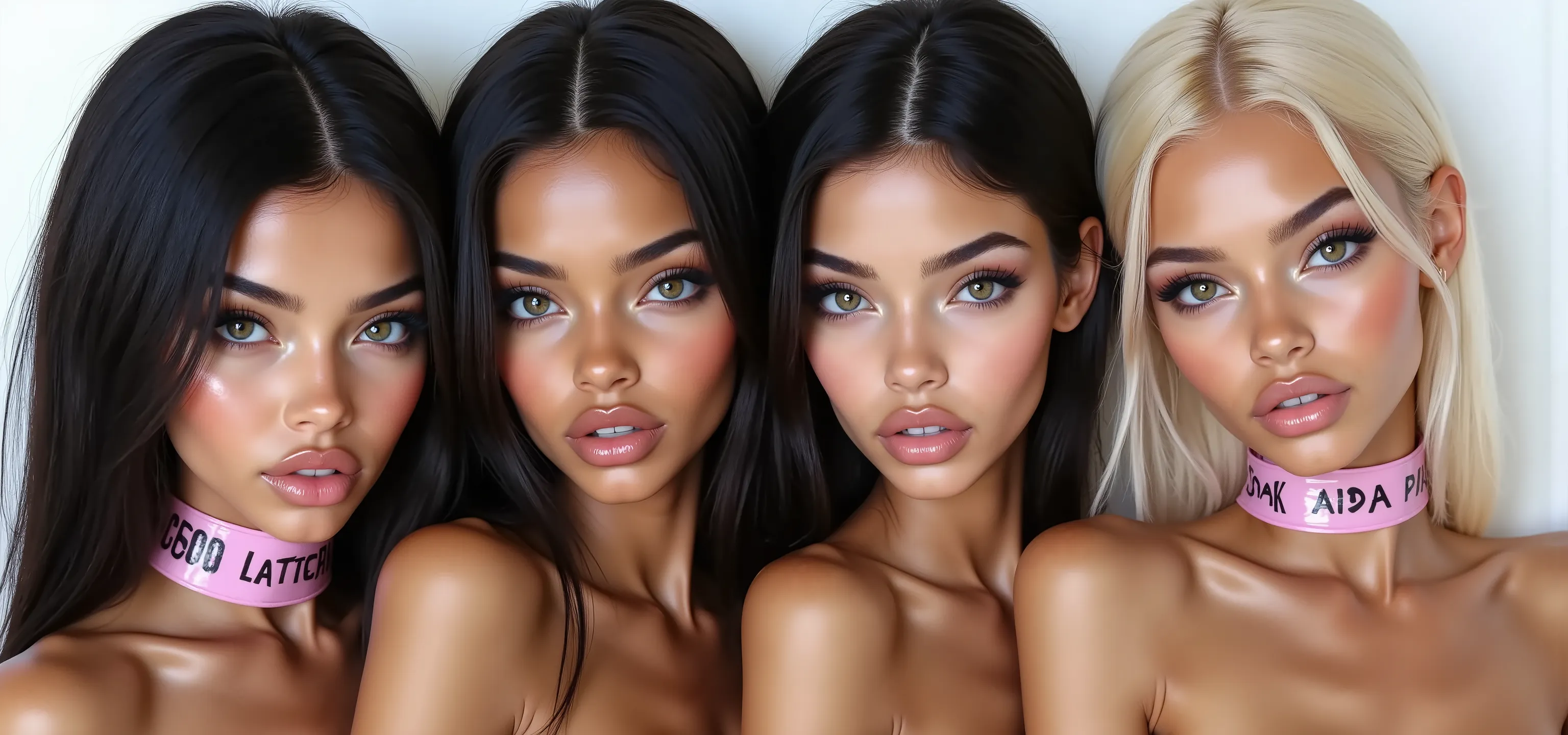 anorexic,ArtfulNSFW,b0lt0ns,4 girls, two people, ((4 beautiful model:1.8)),(photorealism: 1.4),( 4 hot girl dark brown skin),  black hairs first girl blond hairs second girl, ponytail,(complex and realistic skin texture:1.4),very closeup face view,closeup ...