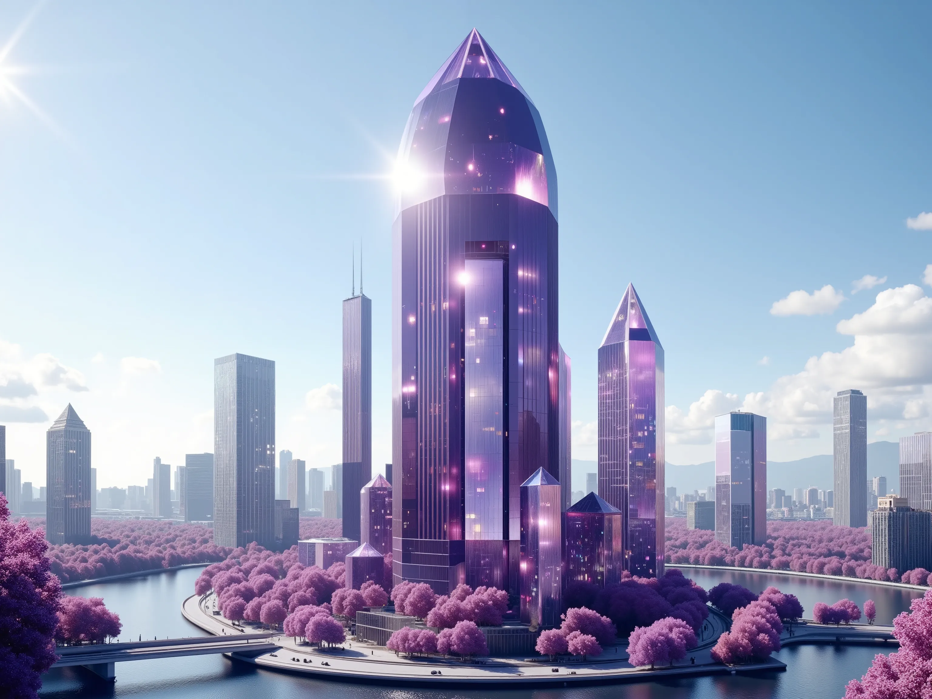 A futuristic cityscape is depicted, dominated by towering skyscrapers that resemble giant crystals. These buildings are crafted from what appears to be translucent, faceted glass with a captivating purple hue. The sunlight glimmers off their surfaces, crea...