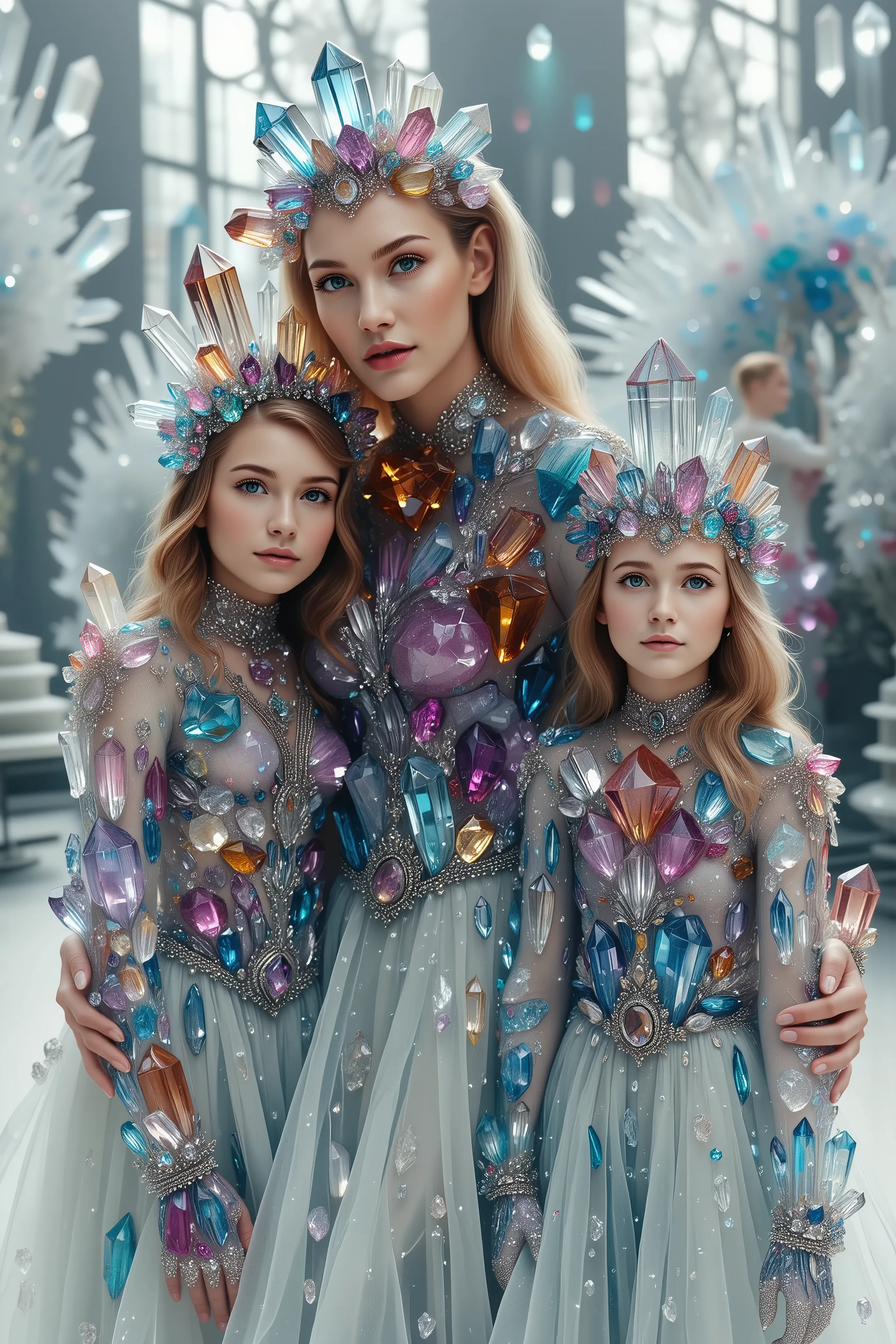an attractive mother and two daughters have hundreds of multicolored translucent and clear quartz crystals protruding directly from their bodies,  highly detailed,photorealistic,8K,HDR,physically-based rendering,professional portrait,dramatic lighting,ethe...